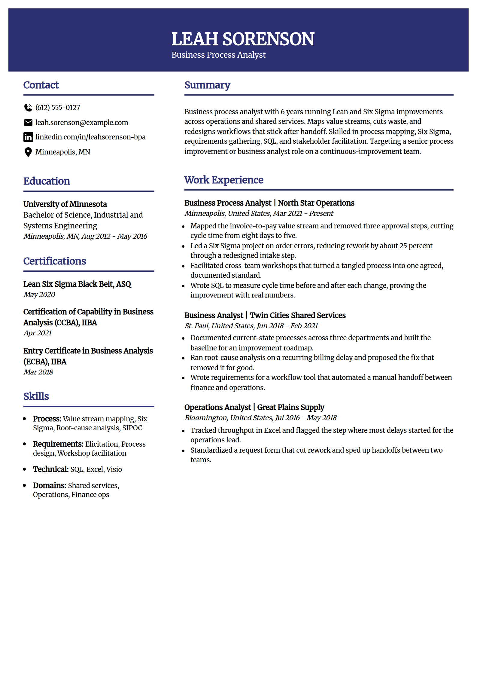 Business process improvement analyst resume example in the Visionary template
