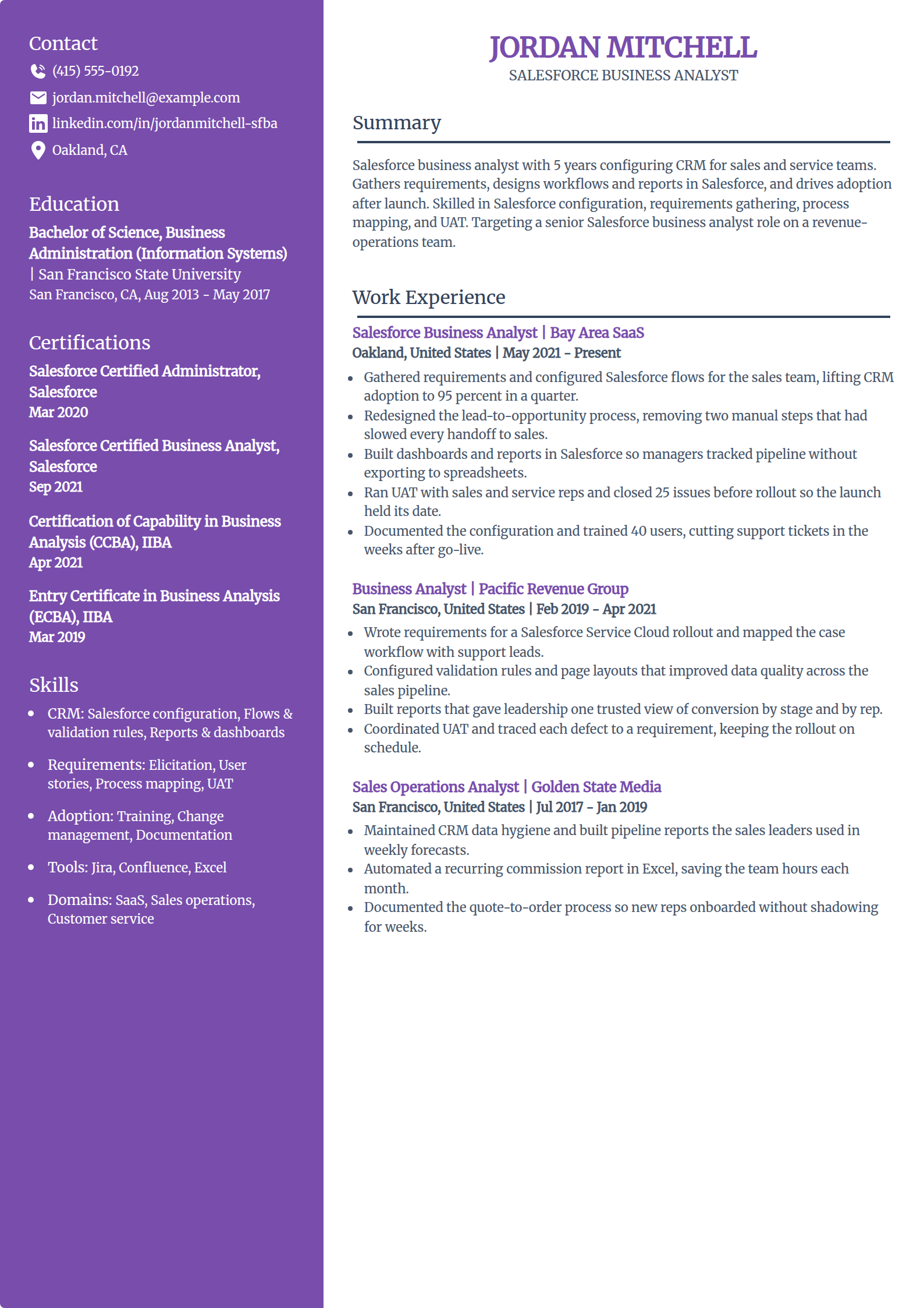 Salesforce business analyst resume example in the Pioneer template