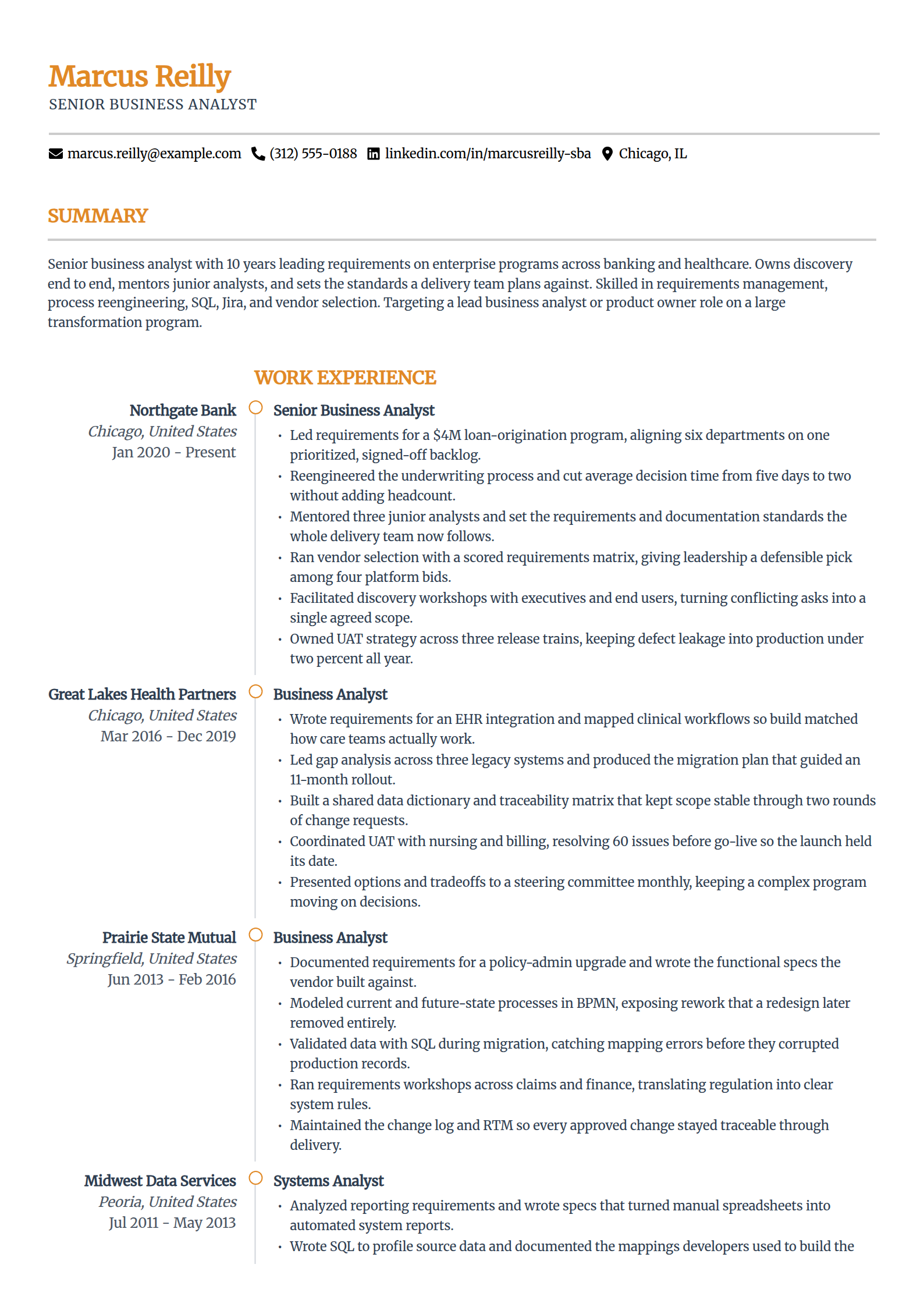 Senior business analyst resume example in the Zenith template