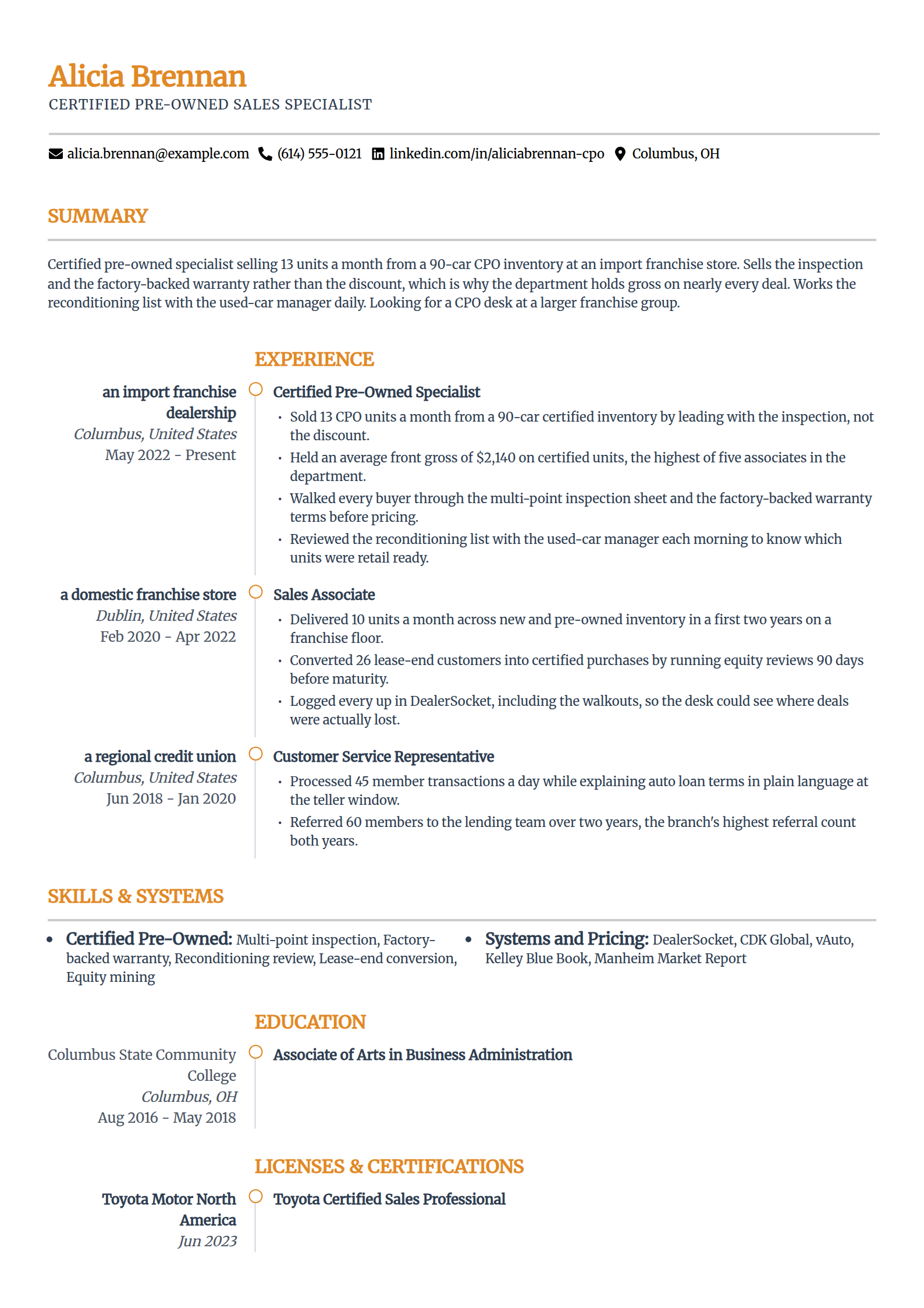 Certified pre-owned specialist resume example in the Zenith template
