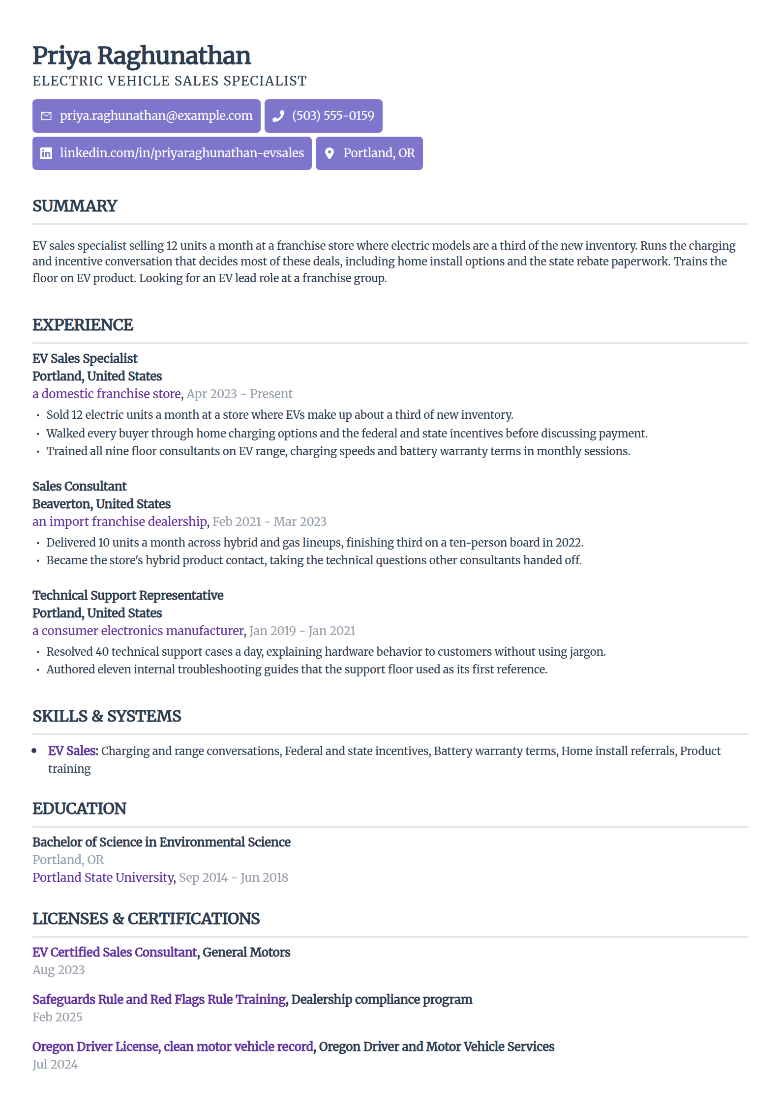 EV sales specialist resume example in the Sleek Framework template