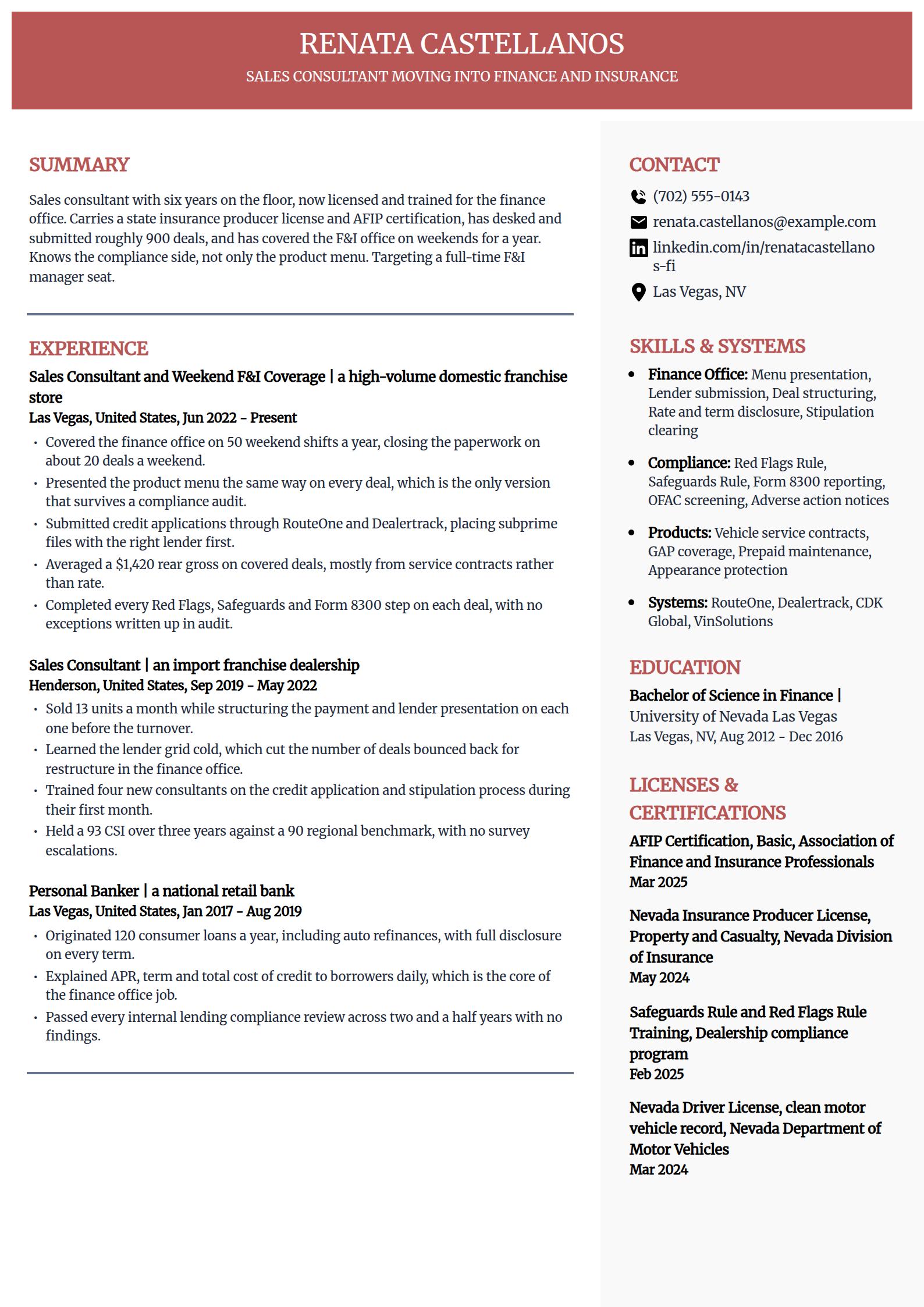 Finance and insurance manager track resume example in the Executive template