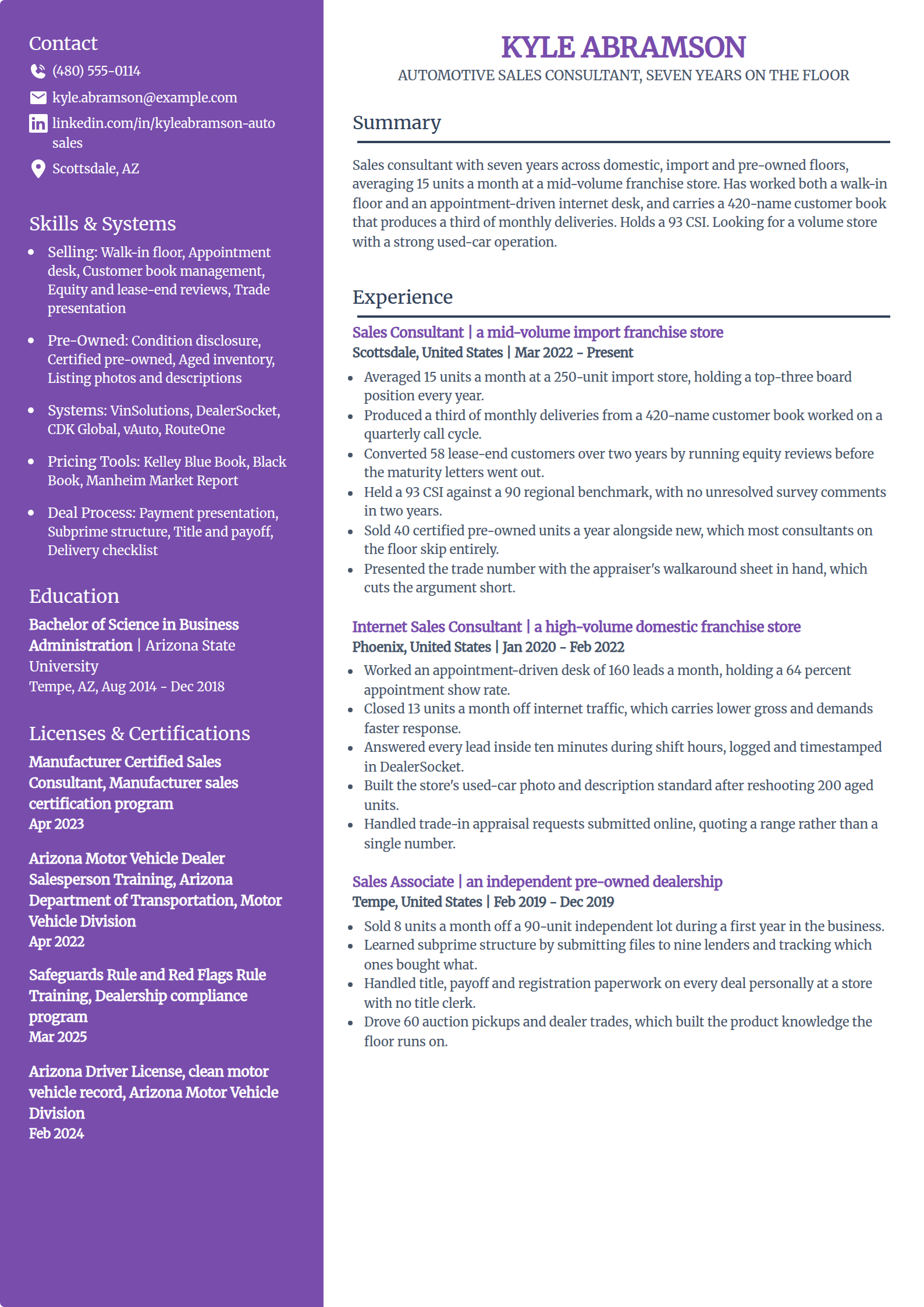 Experienced car sales consultant resume example in the Pioneer template