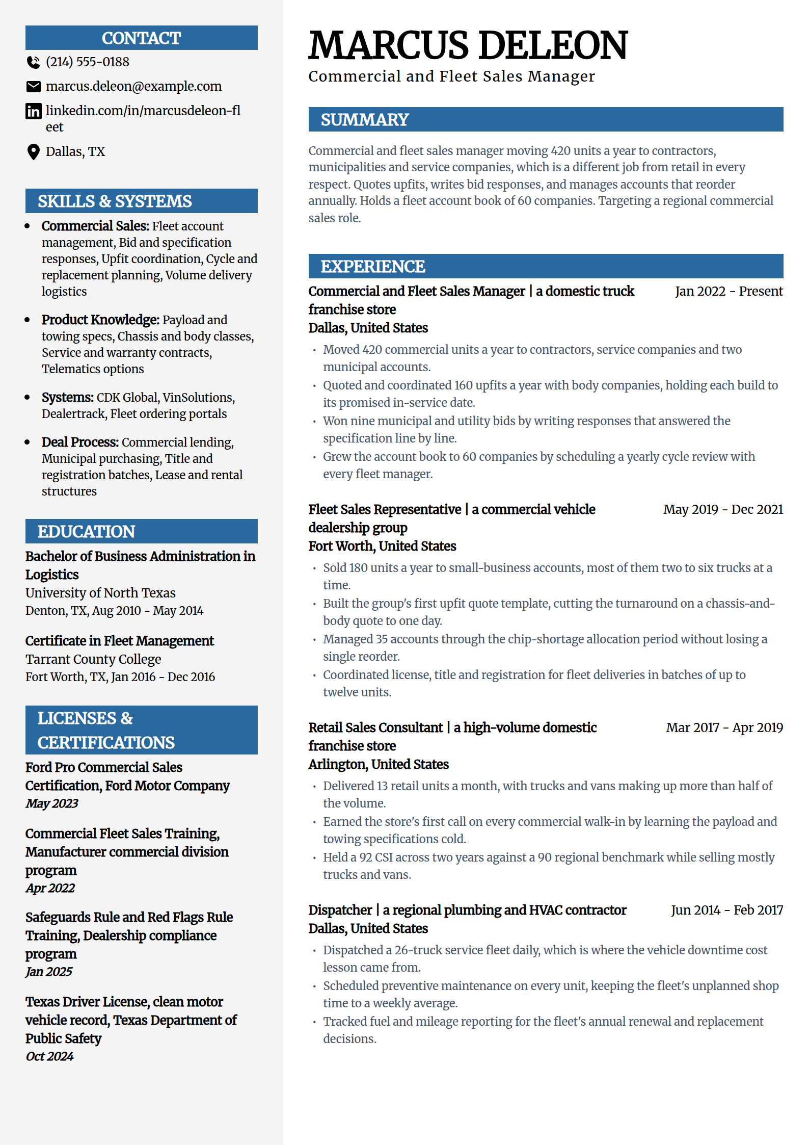 Commercial and fleet sales manager resume example in the Mosaic template