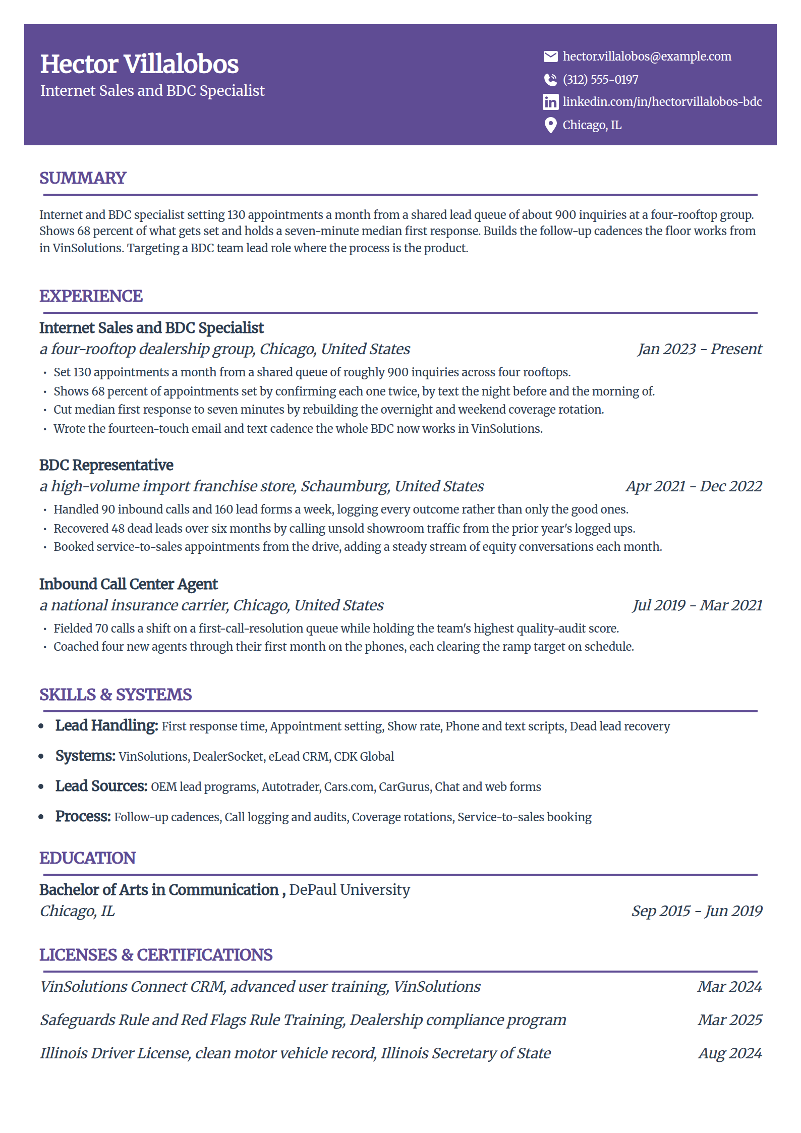 Internet and BDC sales specialist resume example in the Panorama template