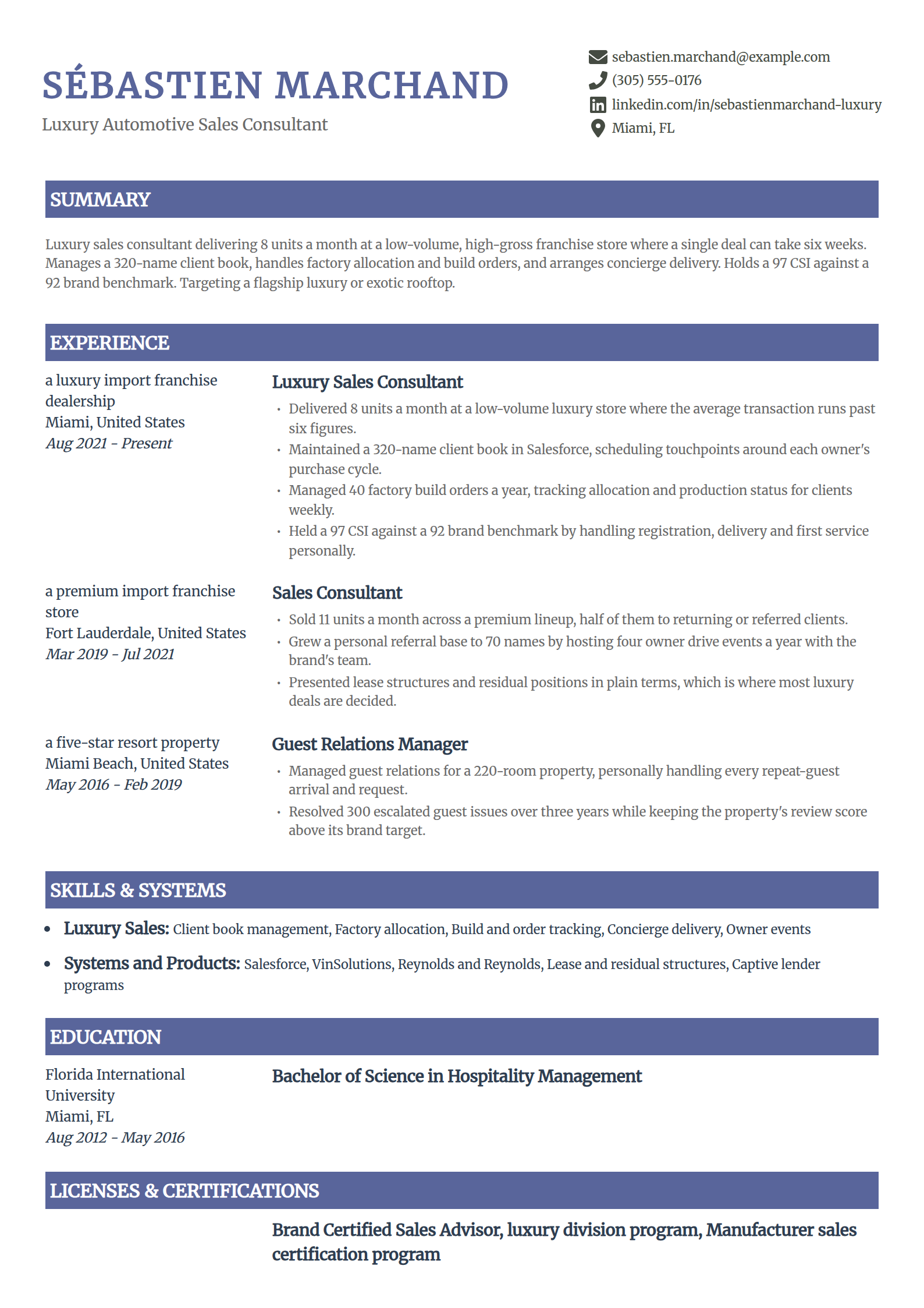 Luxury automotive sales consultant resume example in the Catalyst template