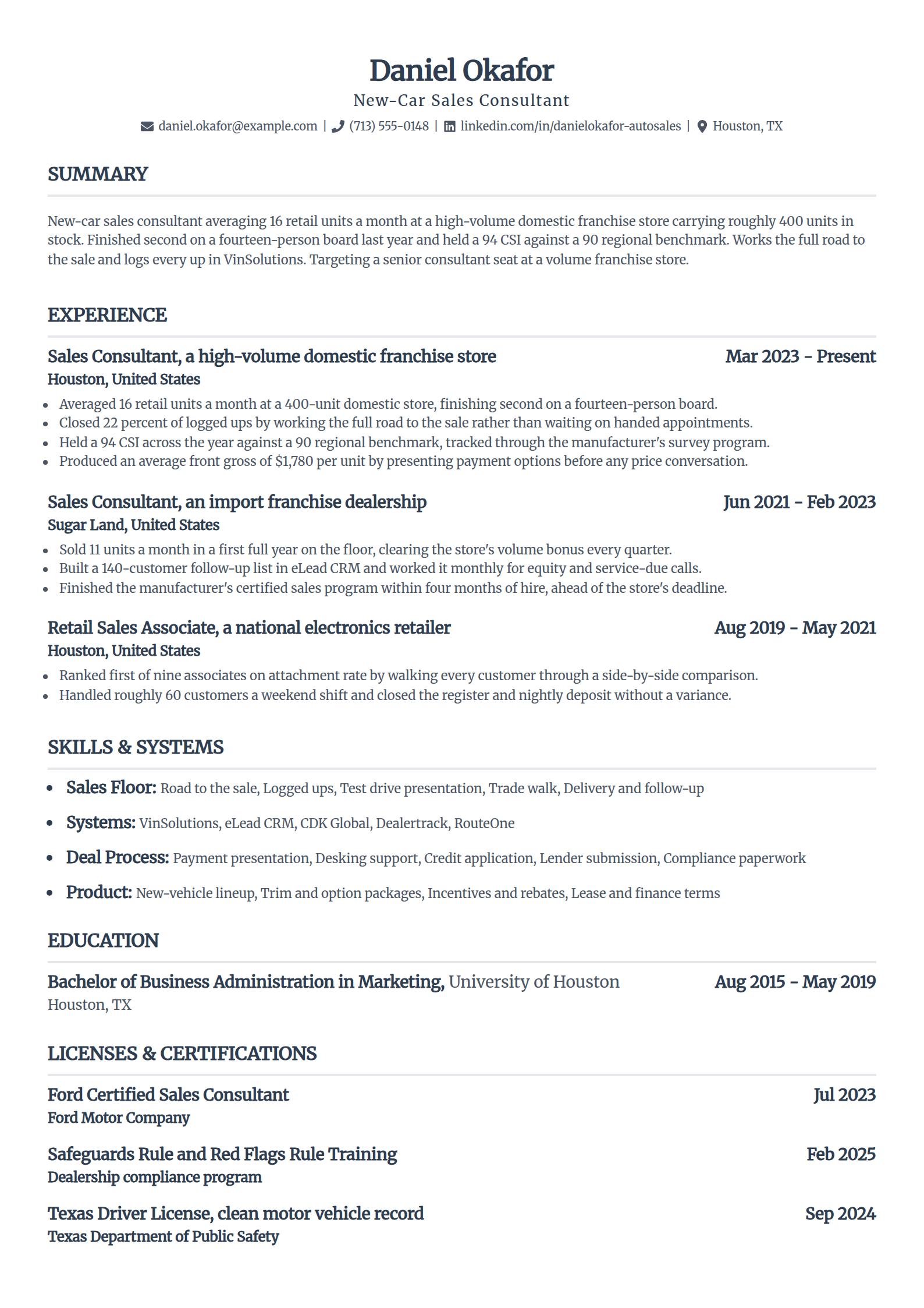 New-car sales consultant resume example in the Standard template
