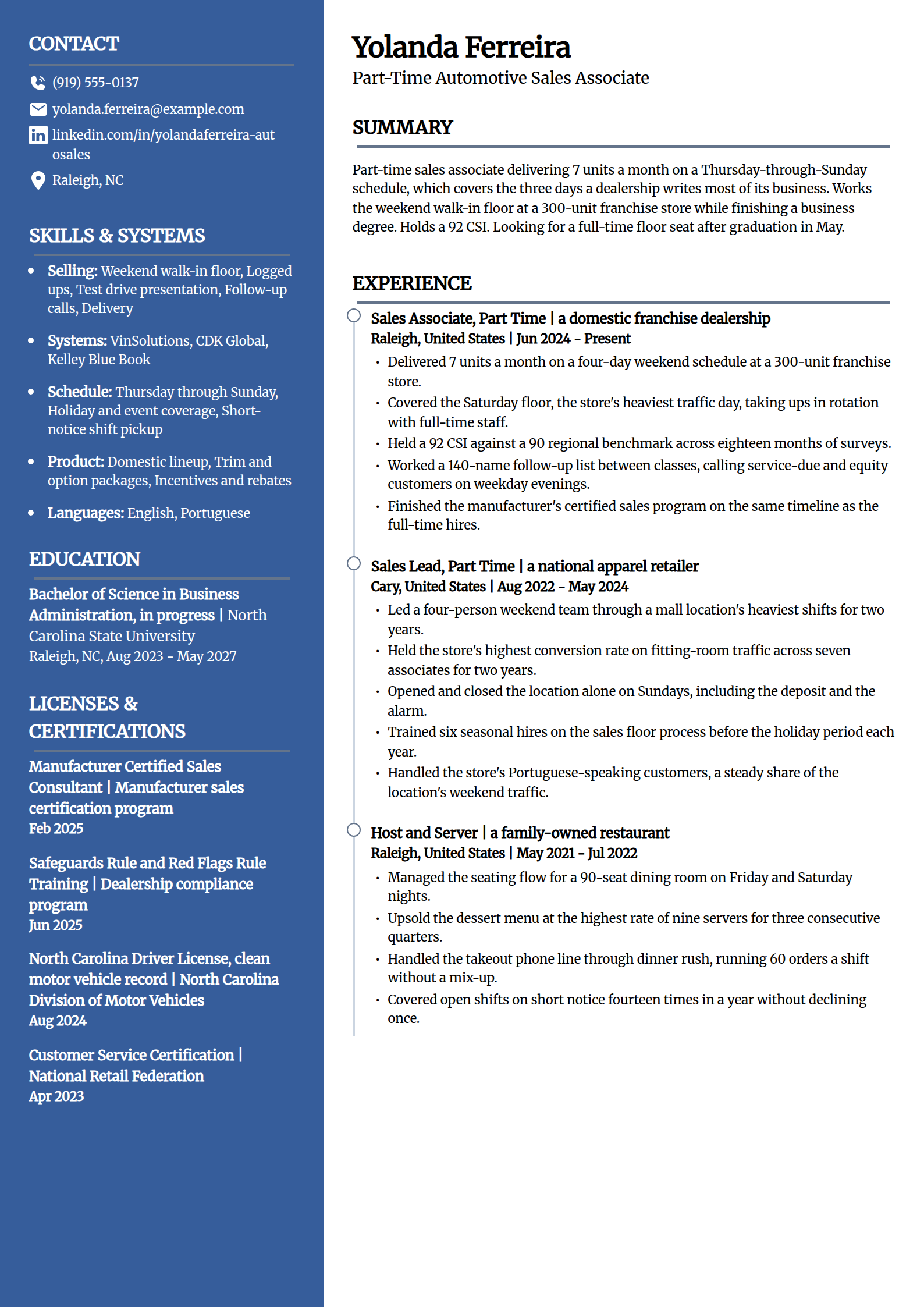 Part-time car sales associate resume example in the Creative template