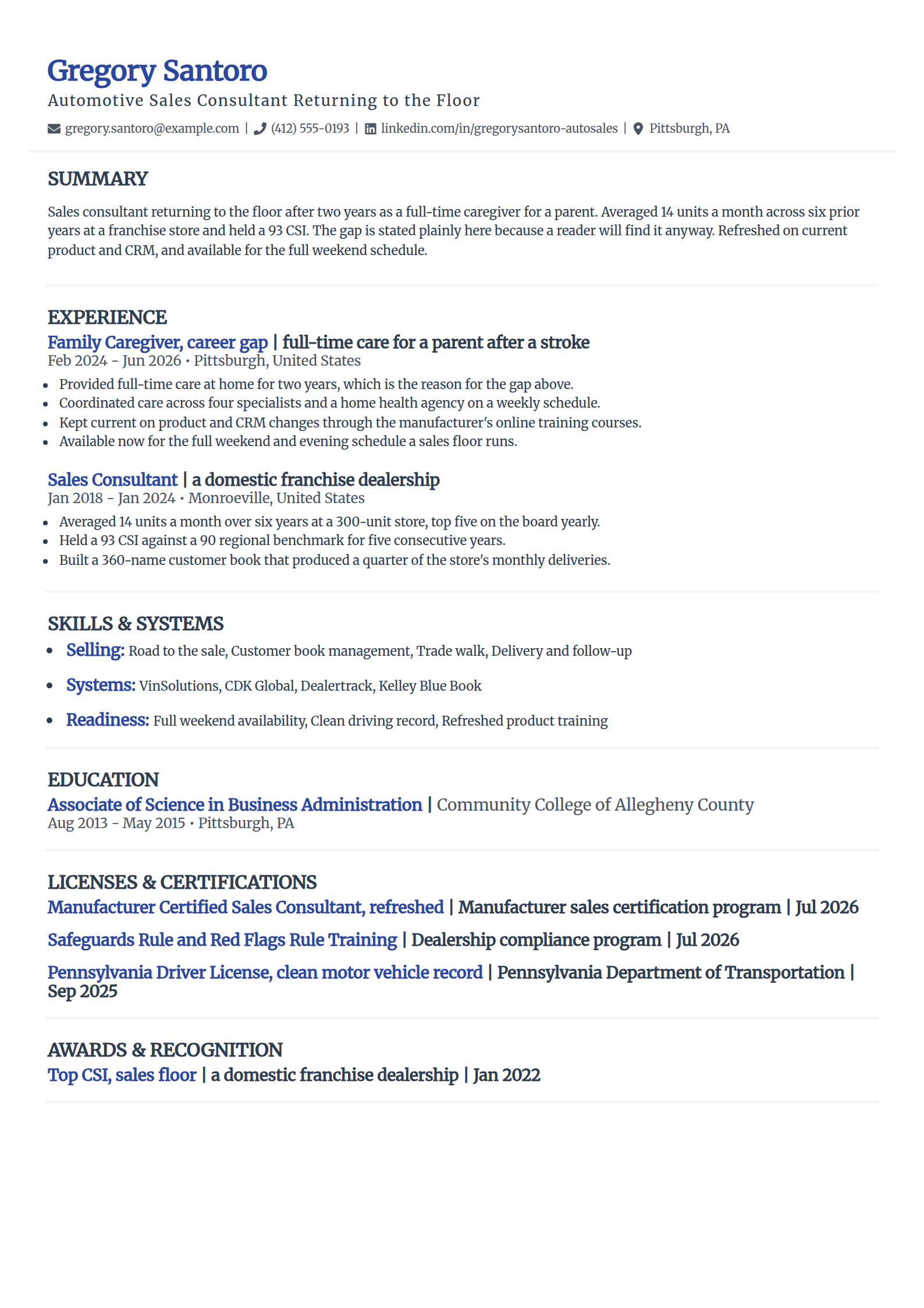 Car sales consultant returning after a career gap resume example in the Elegant template