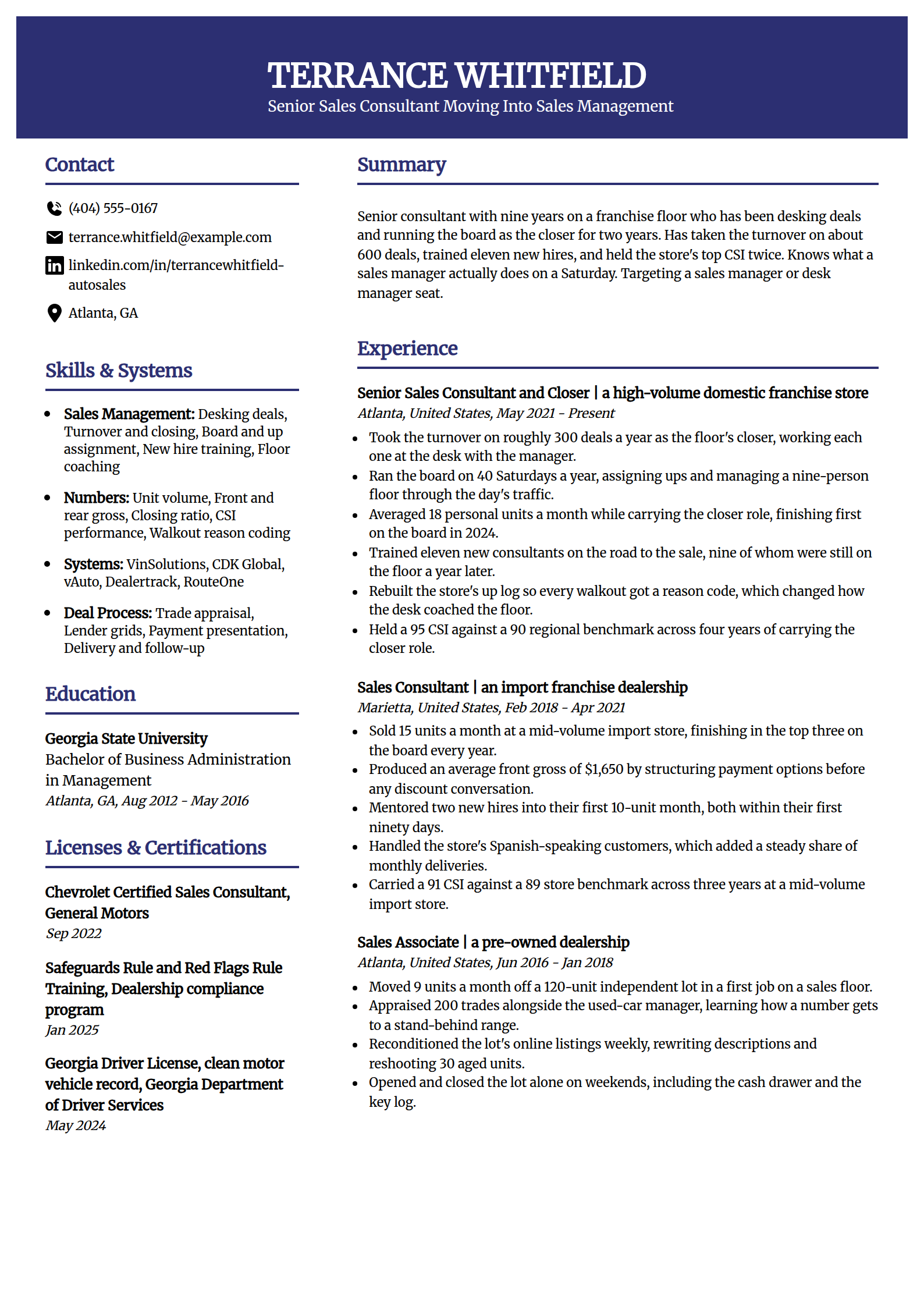 Sales associate moving to sales manager resume example in the Visionary template