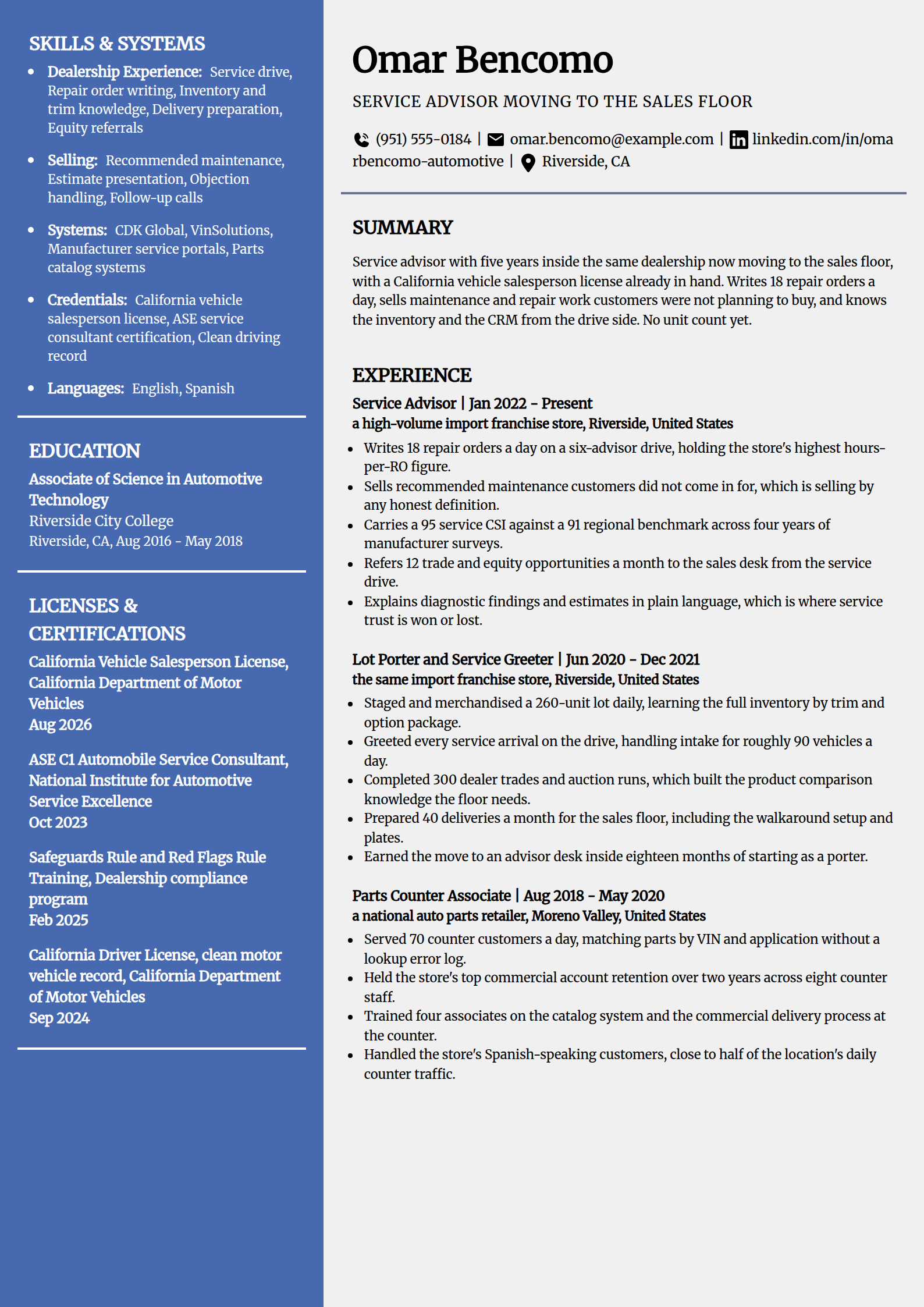 Service advisor moving to the car sales floor resume example in the Innovative template