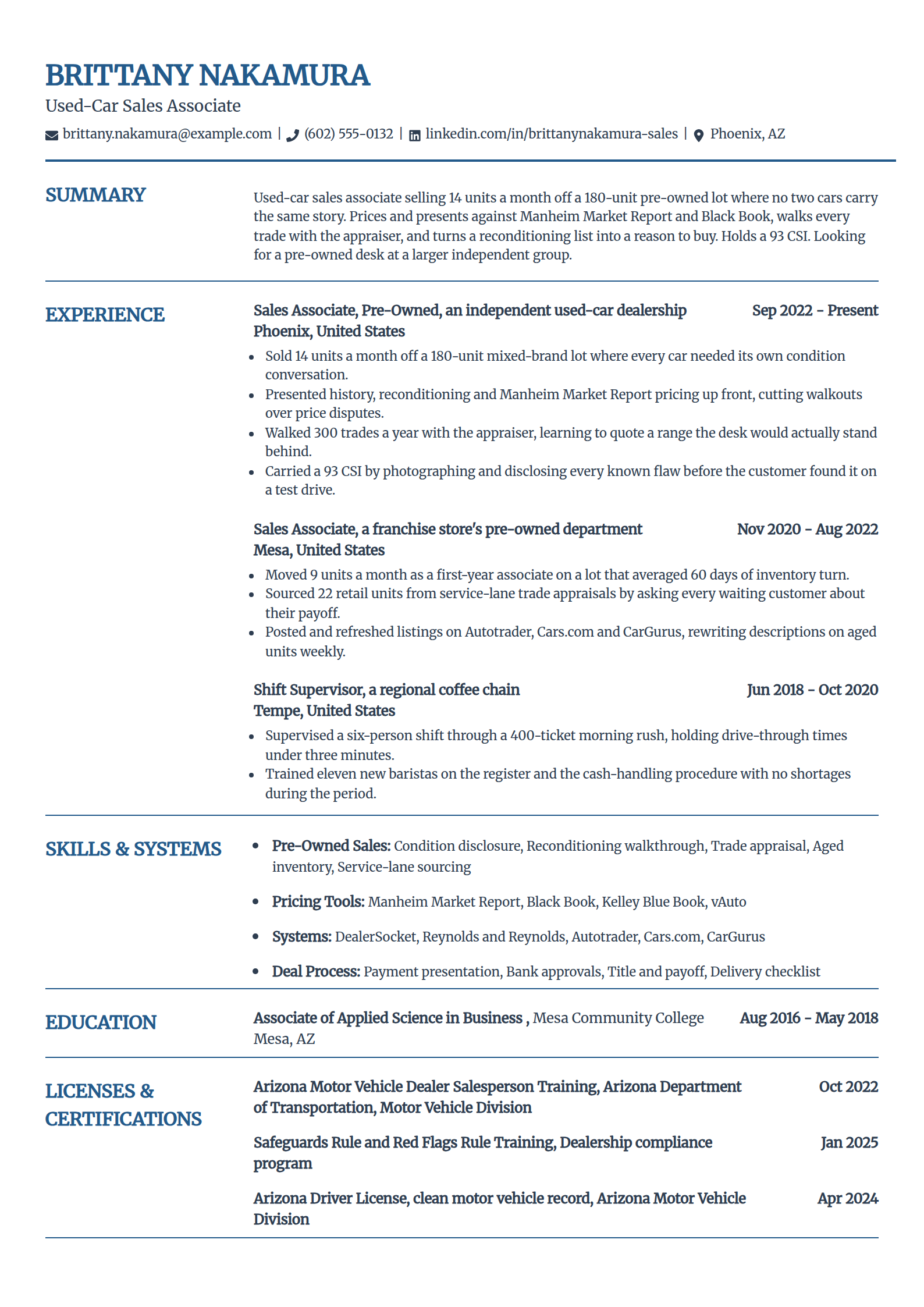 Used-car sales associate resume example in the Craft template