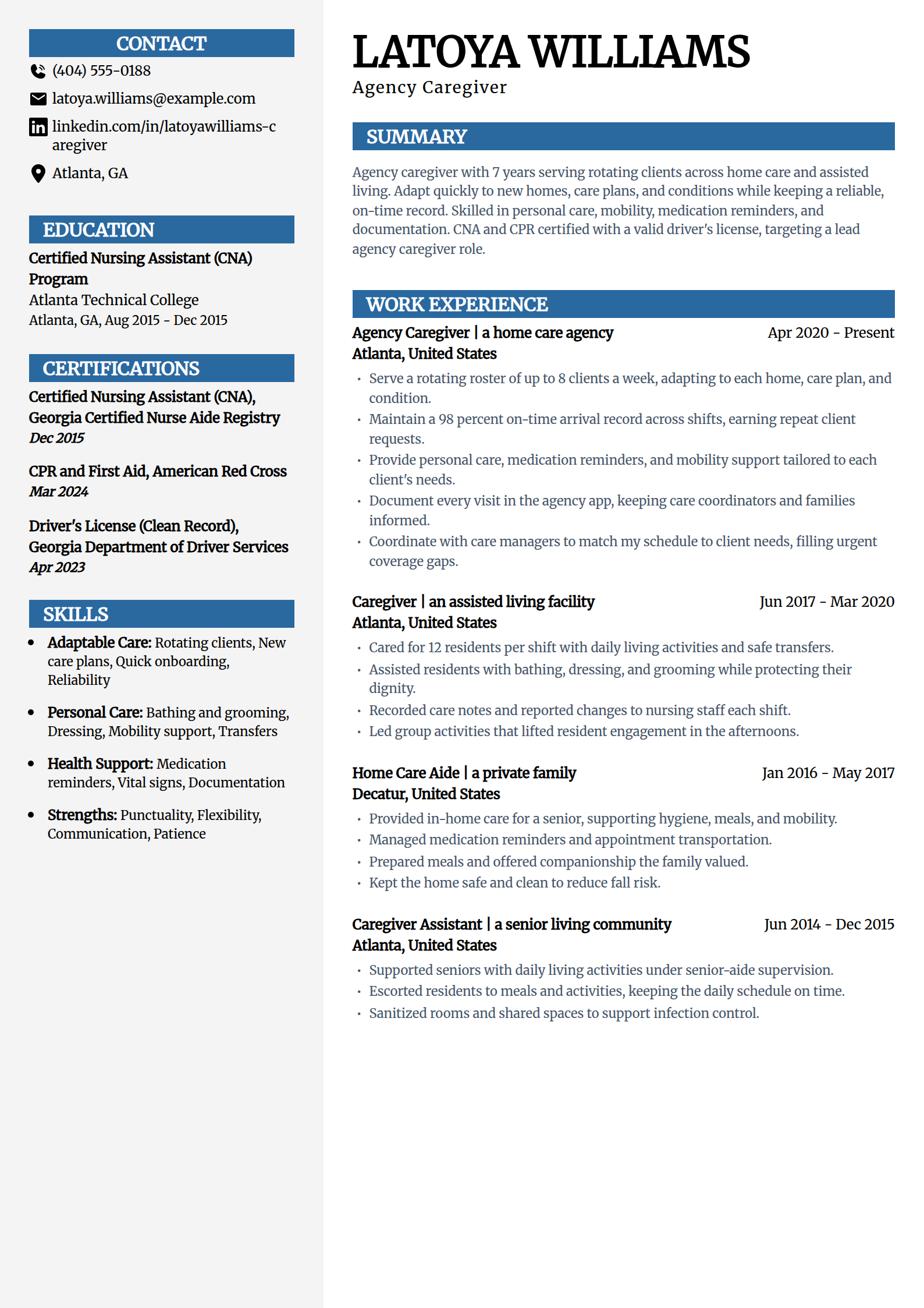 Agency caregiver resume example in the Mosaic template