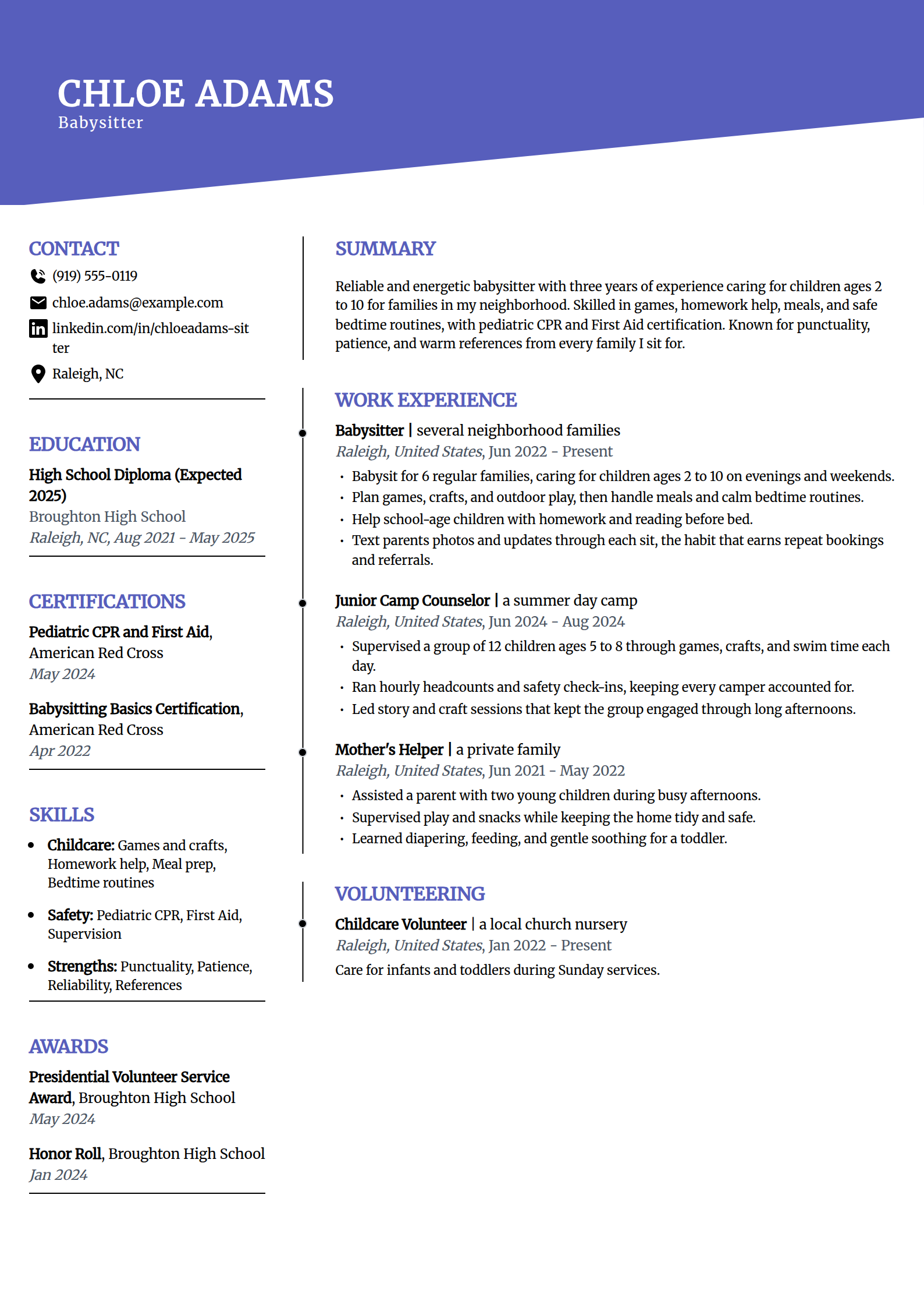 Babysitter resume example in the Orbit template
