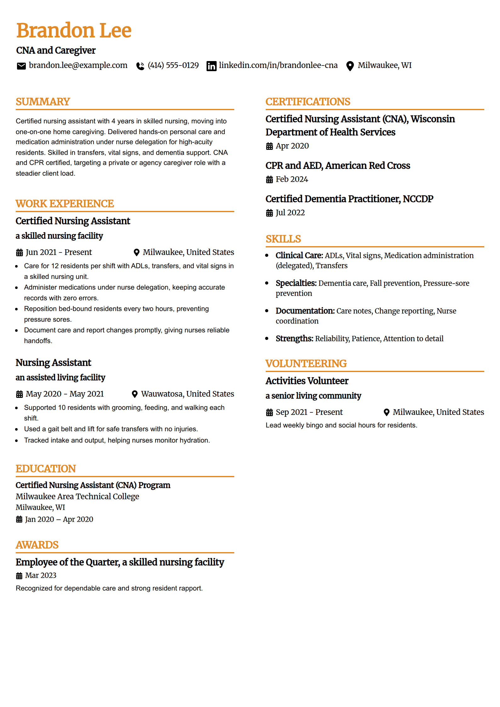 CNA caregiver resume example in the Professional Edge template