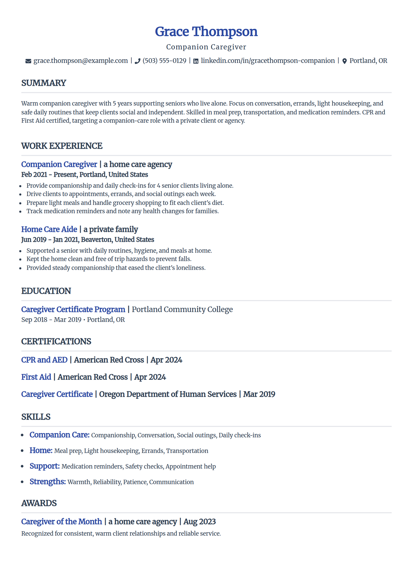 Companion caregiver resume example in the Simple template