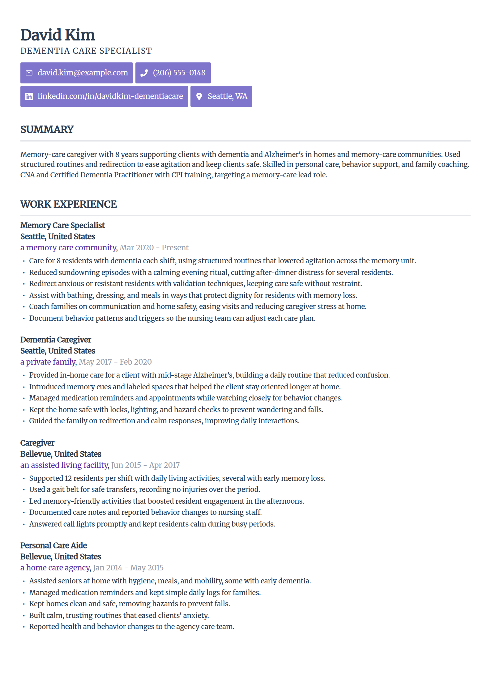 Dementia caregiver resume example in the Sleek Framework template