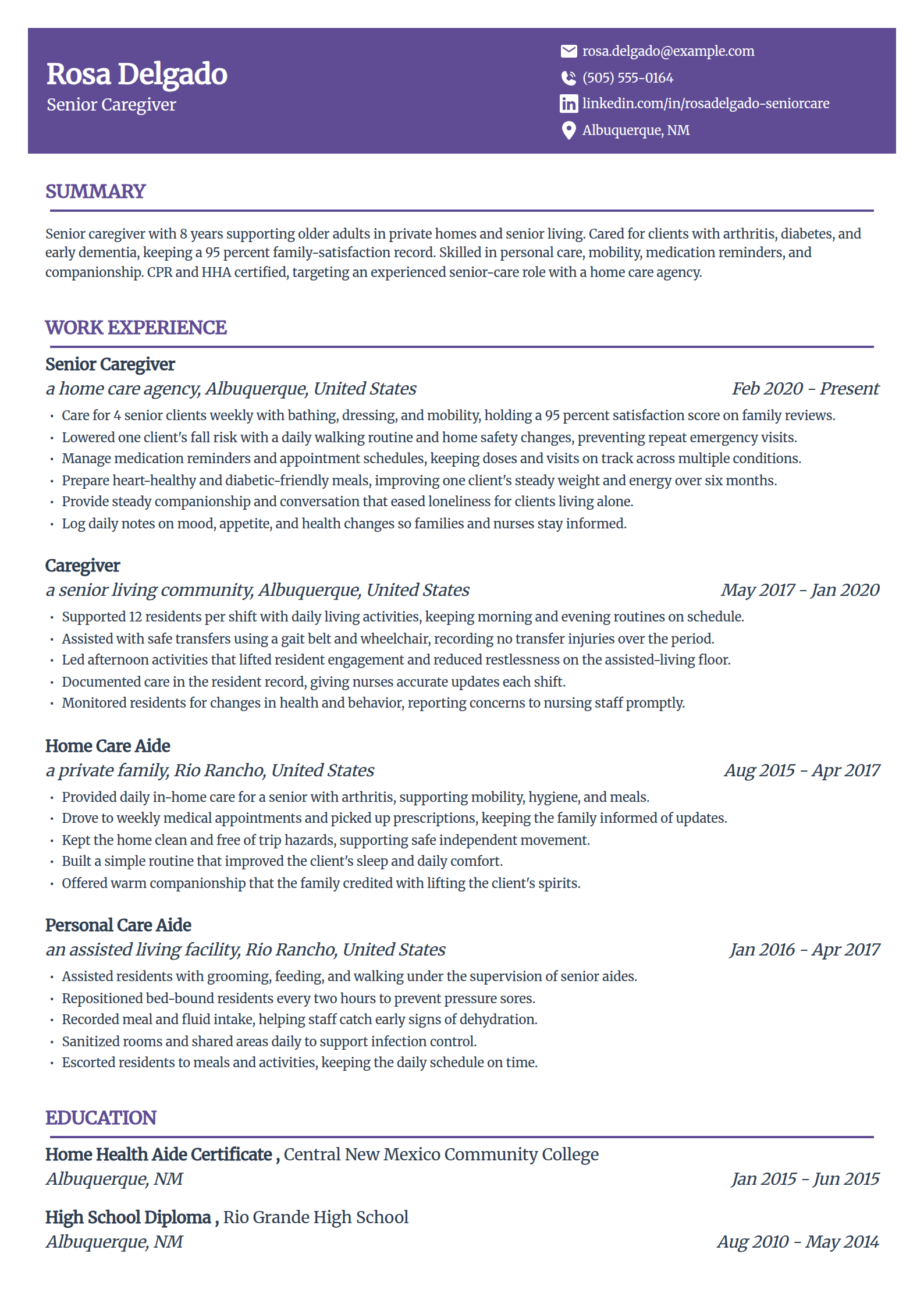 Senior caregiver resume example in the Panorama template