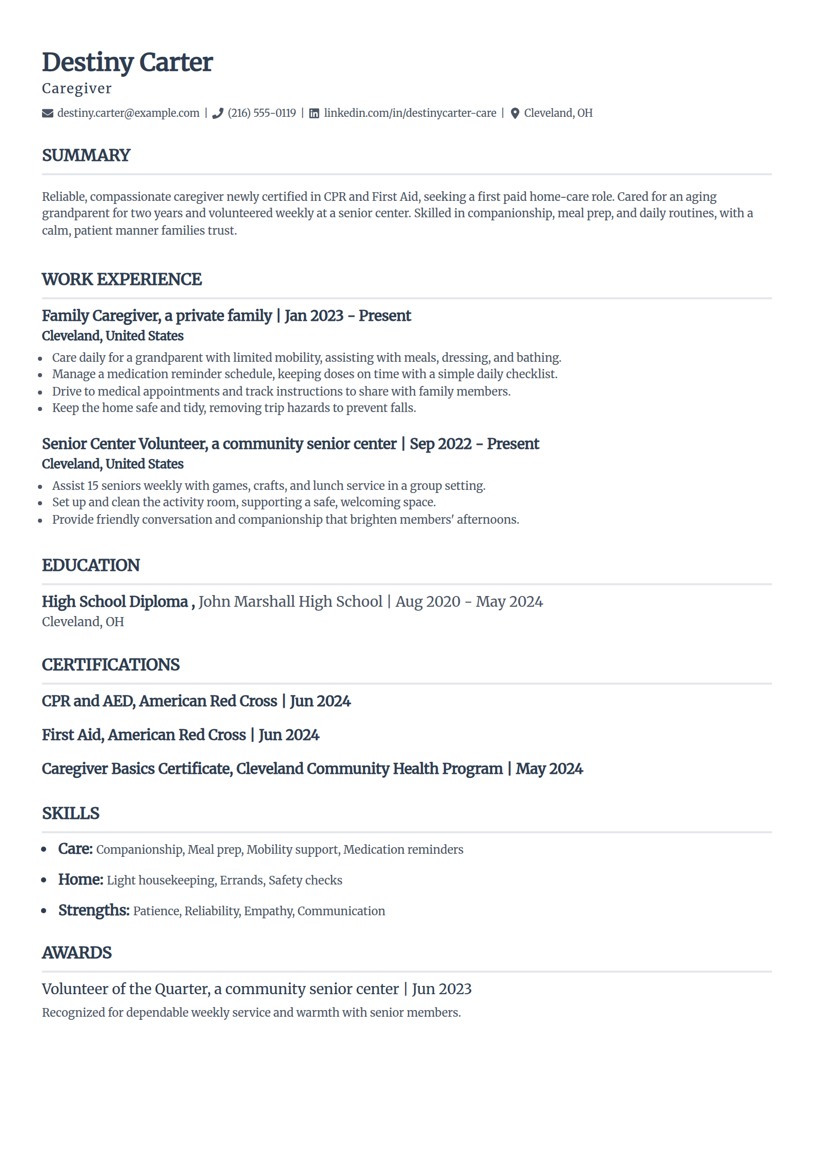 Entry-level caregiver resume example in the Classic template