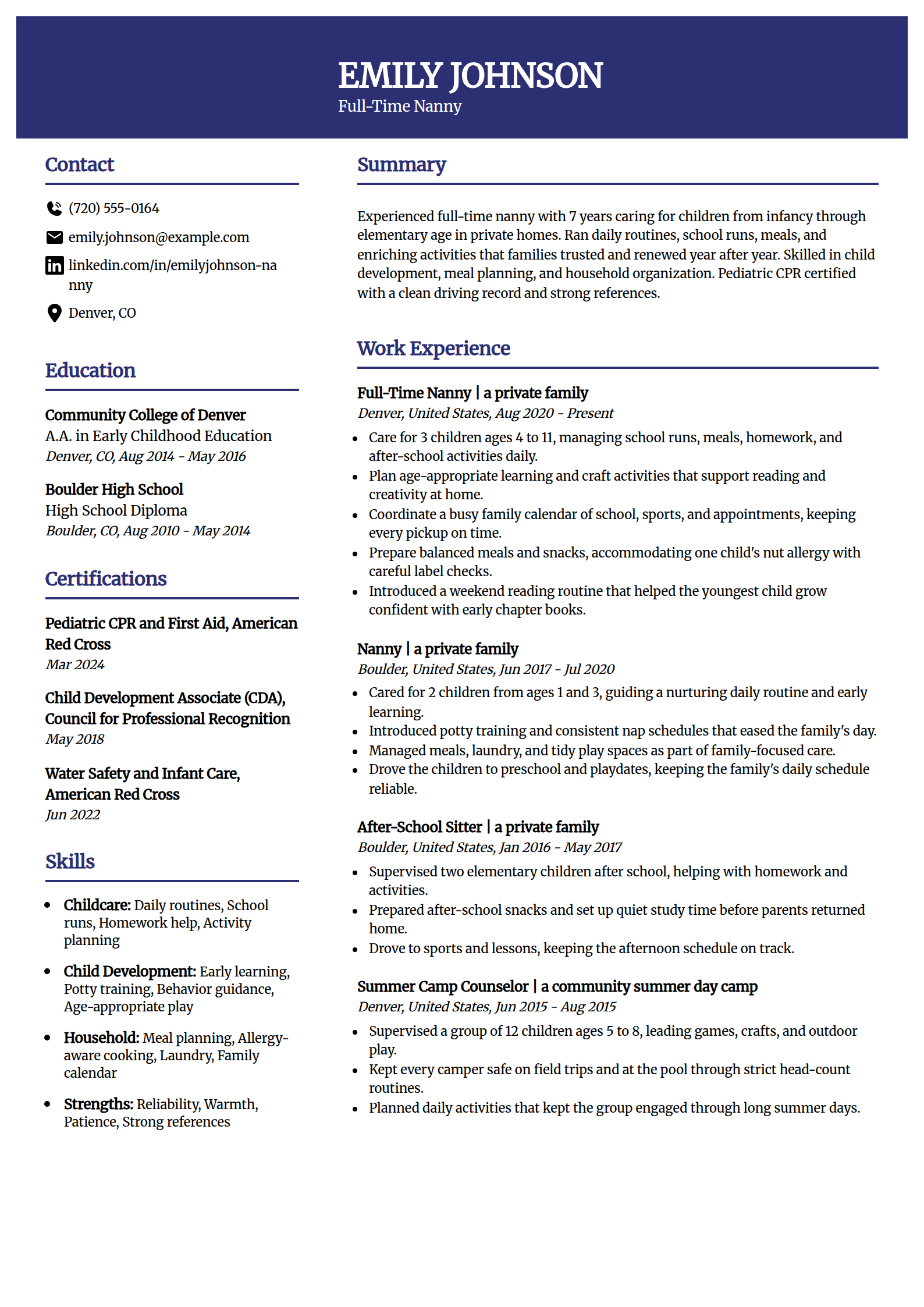 Nanny resume example in the Visionary template