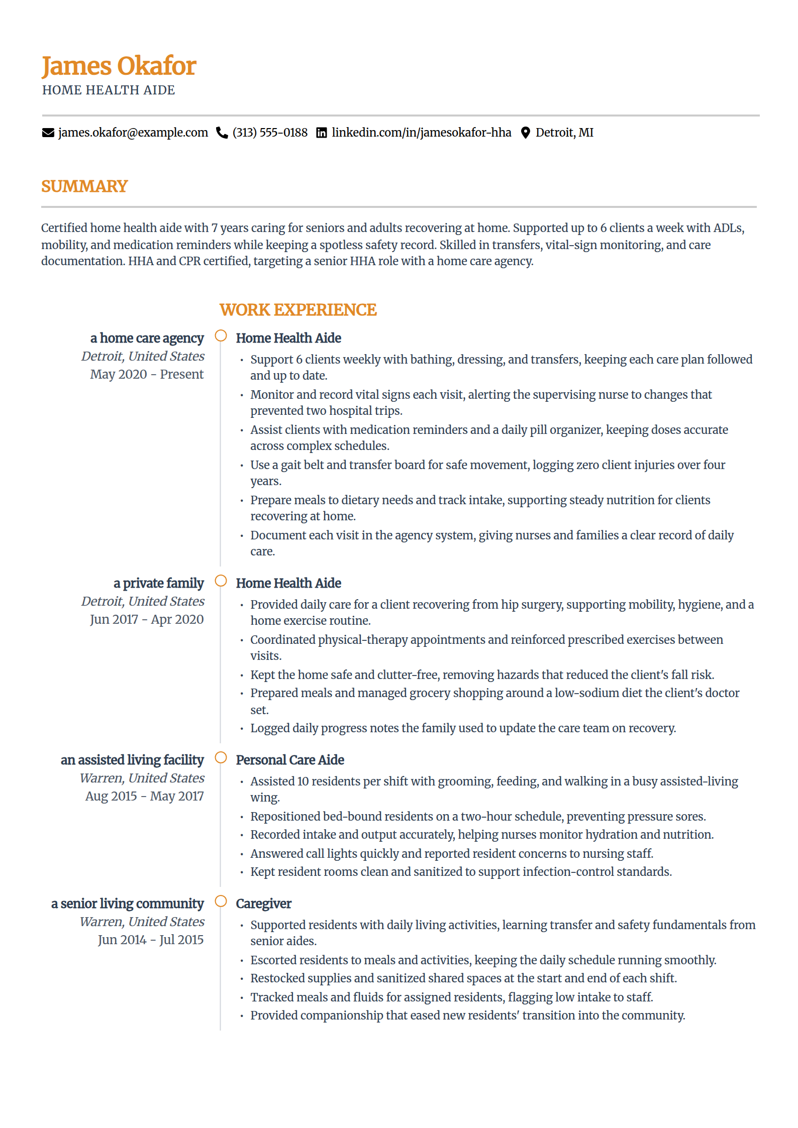 Home health aide resume example in the Zenith template