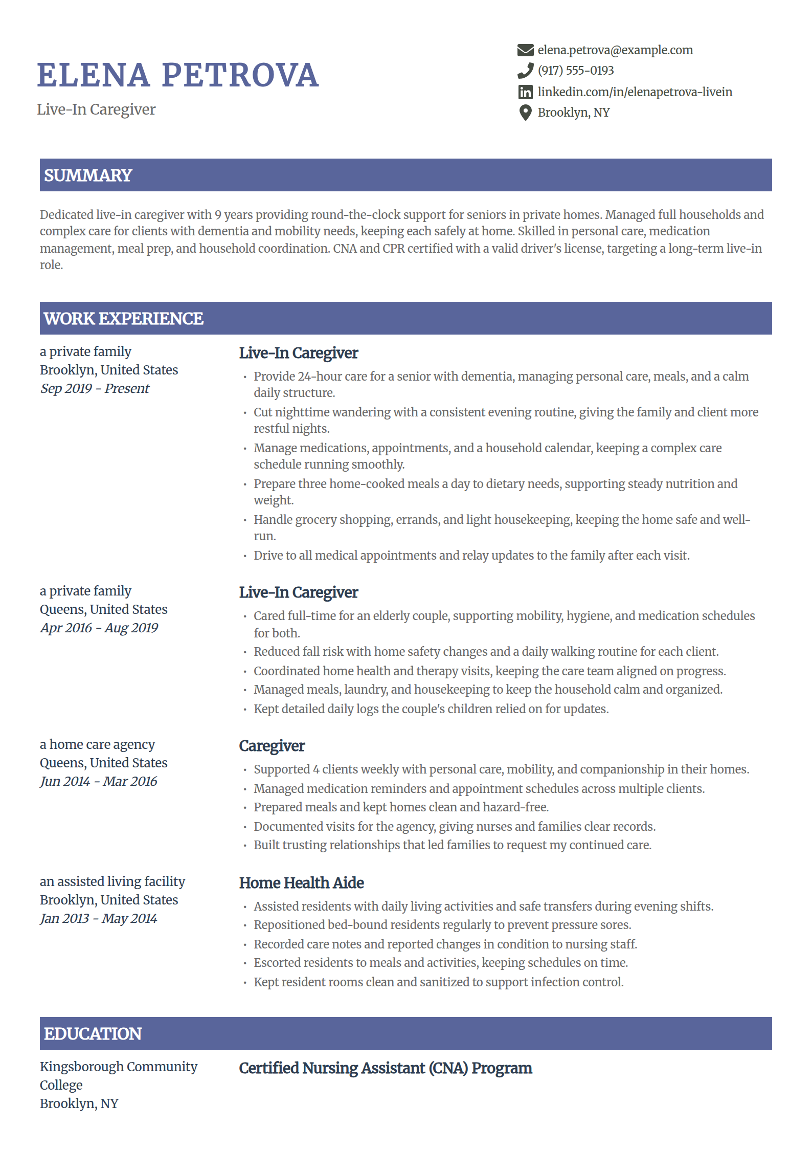 Live-in caregiver resume example in the Catalyst template