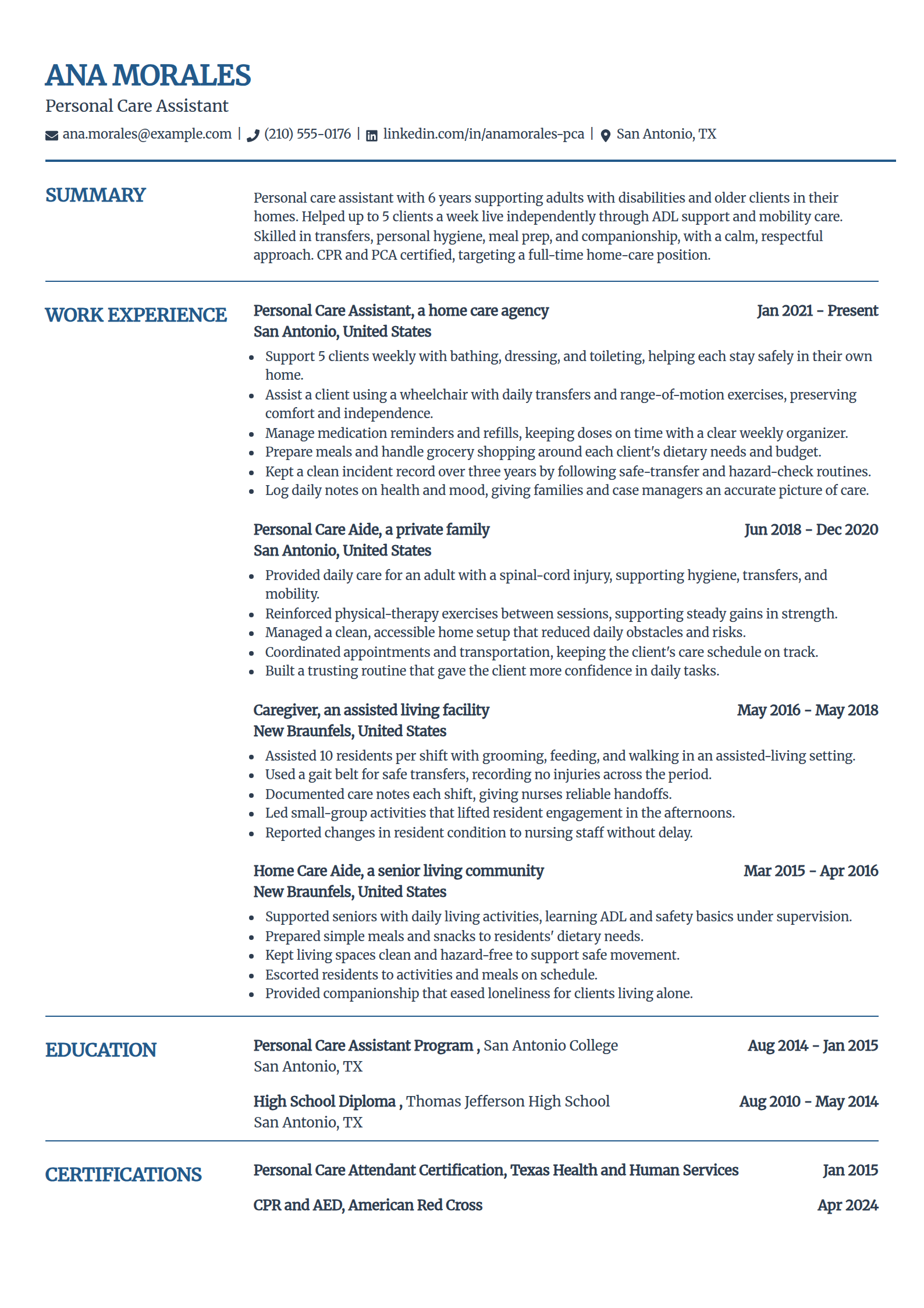 Personal care assistant resume example in the Craft template