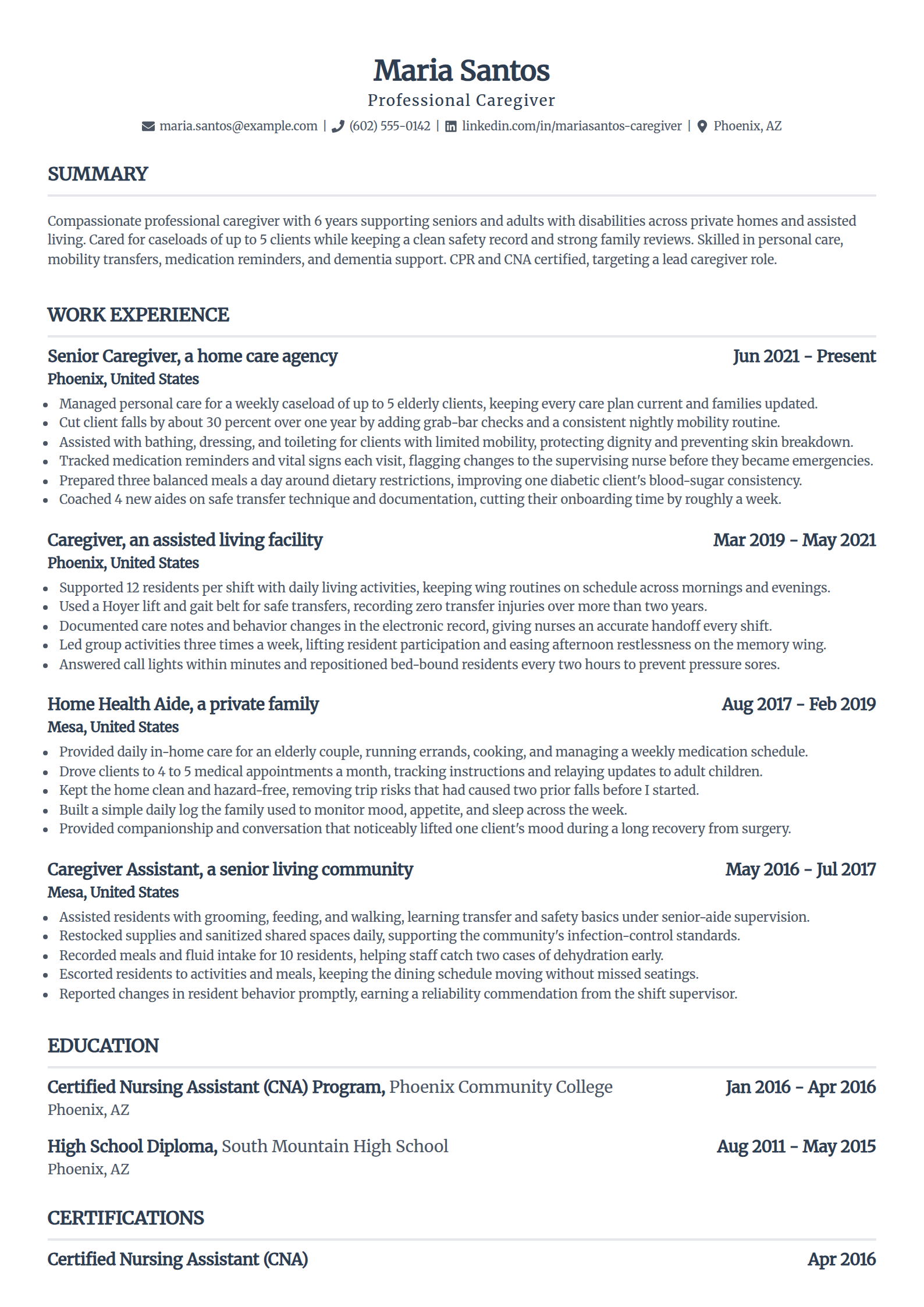 Caregiver resume example in the Standard template