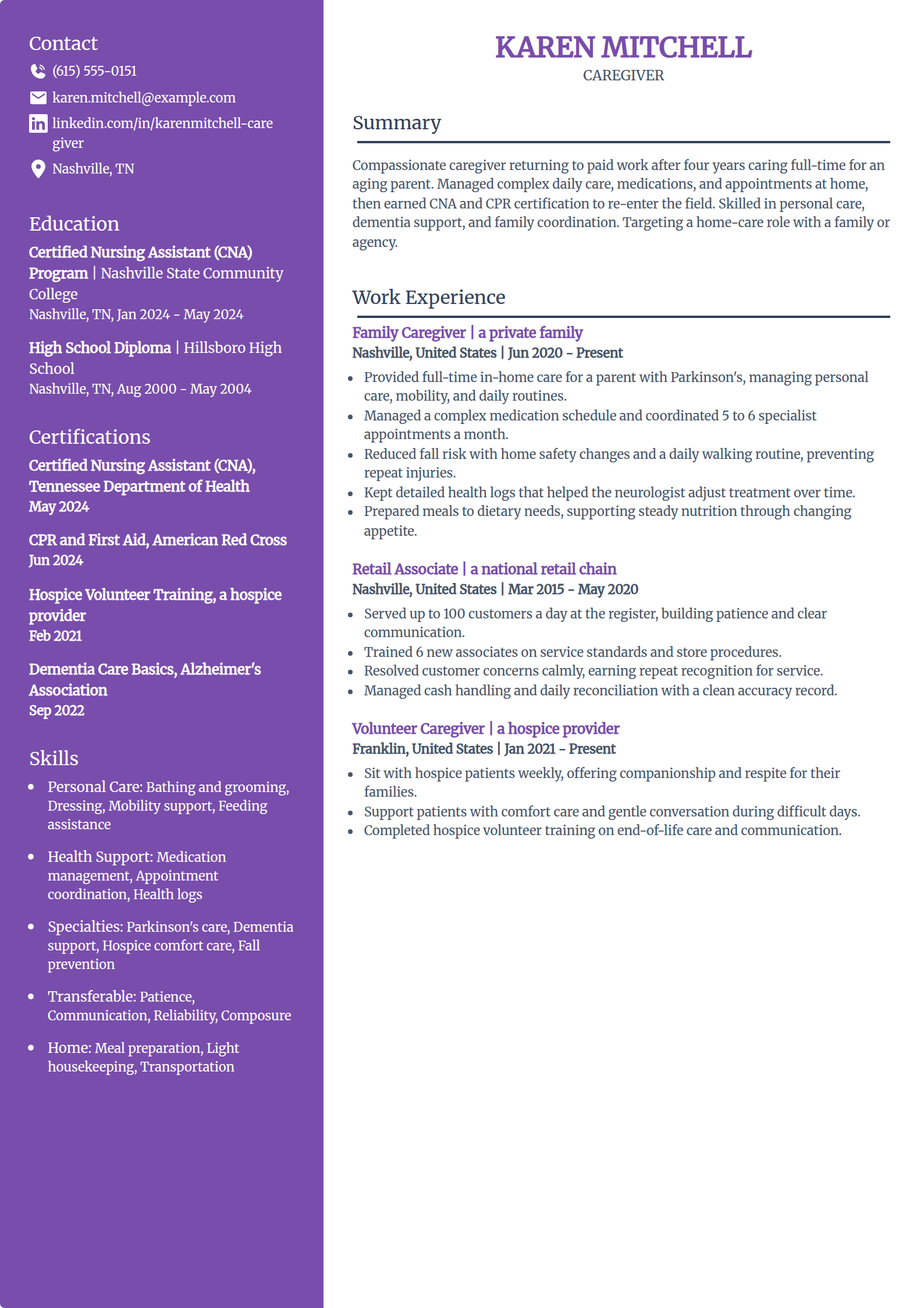 Returning family caregiver resume example in the Pioneer template