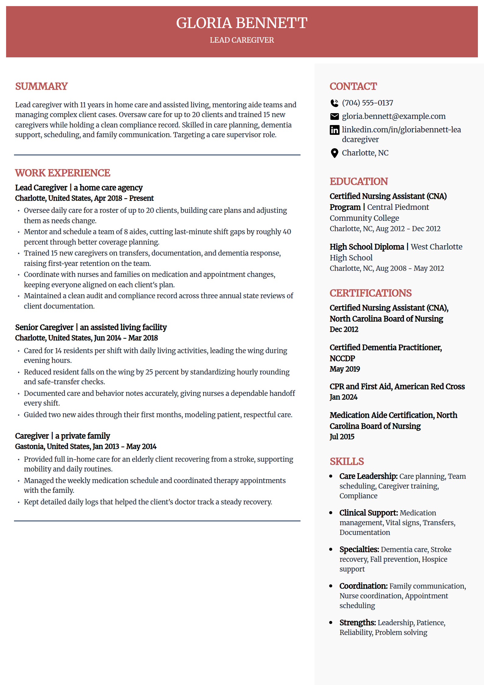 Lead caregiver resume example in the Executive template