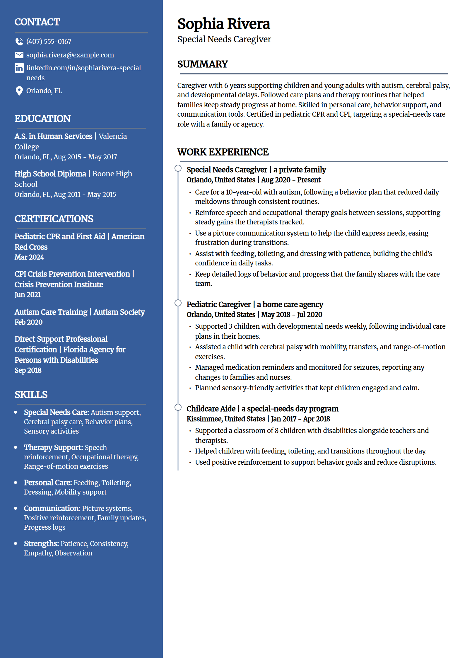 Special needs caregiver resume example in the Creative template