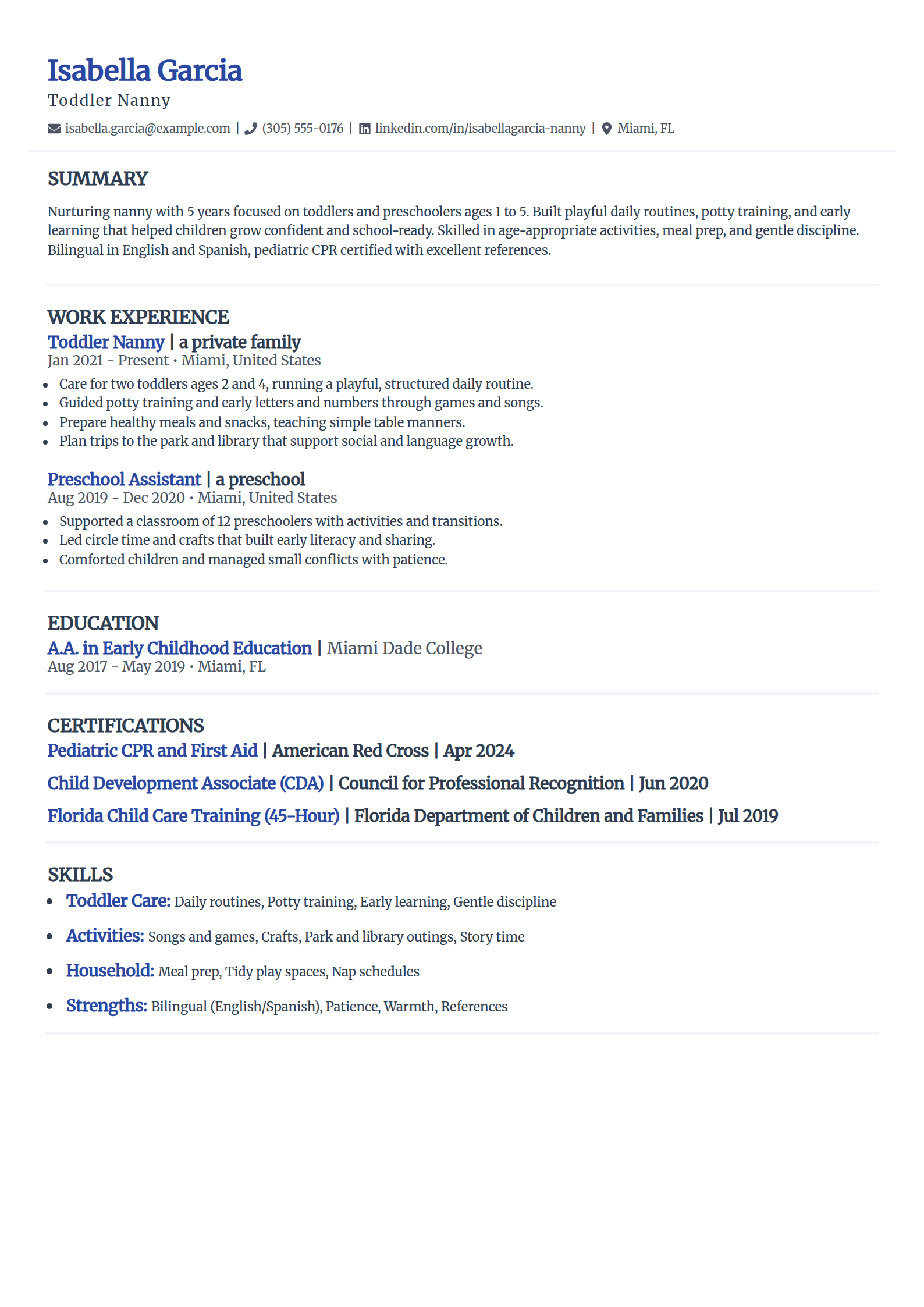 Toddler nanny resume example in the Elegant template
