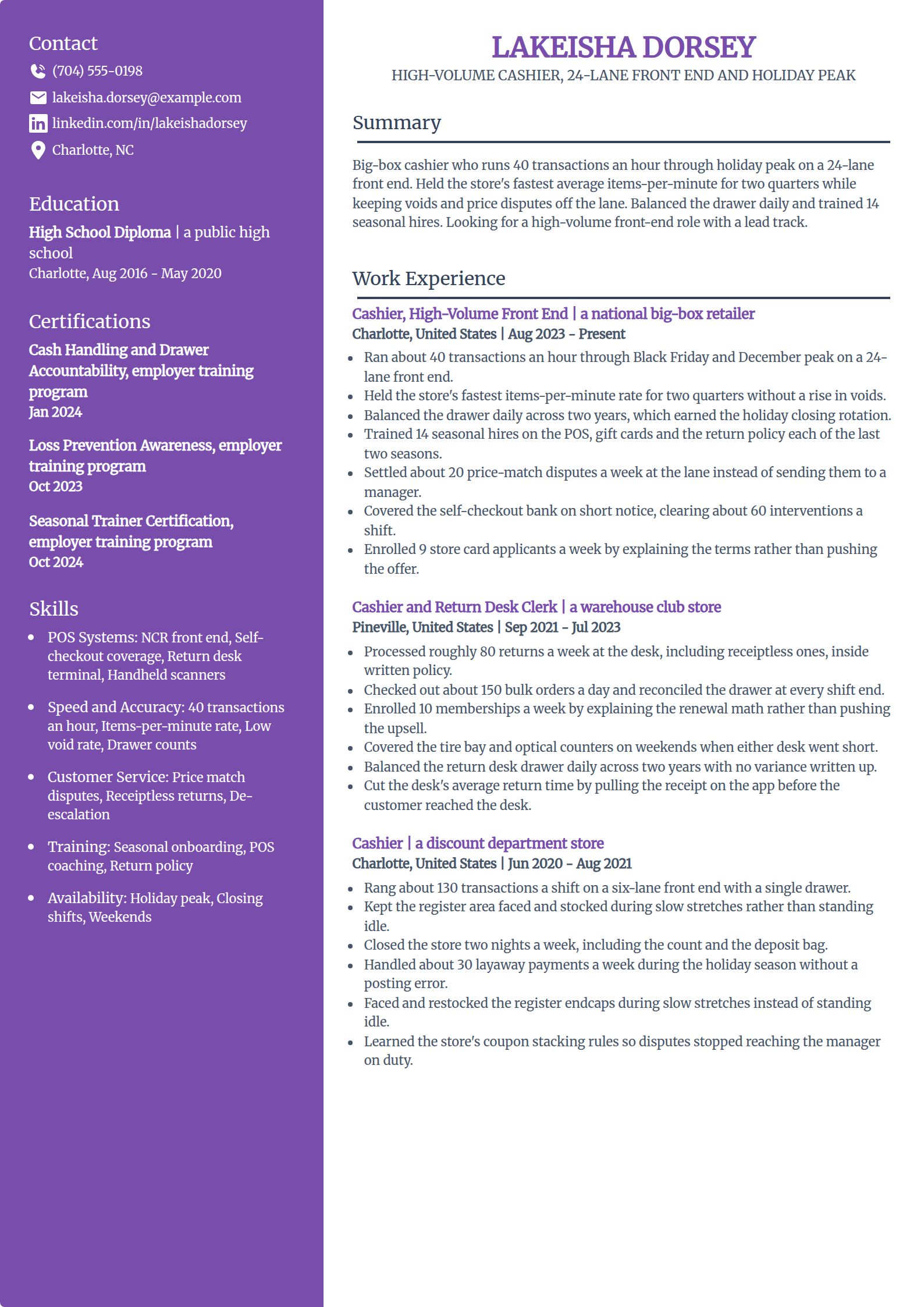 High-volume big box store cashier resume example in the Pioneer template