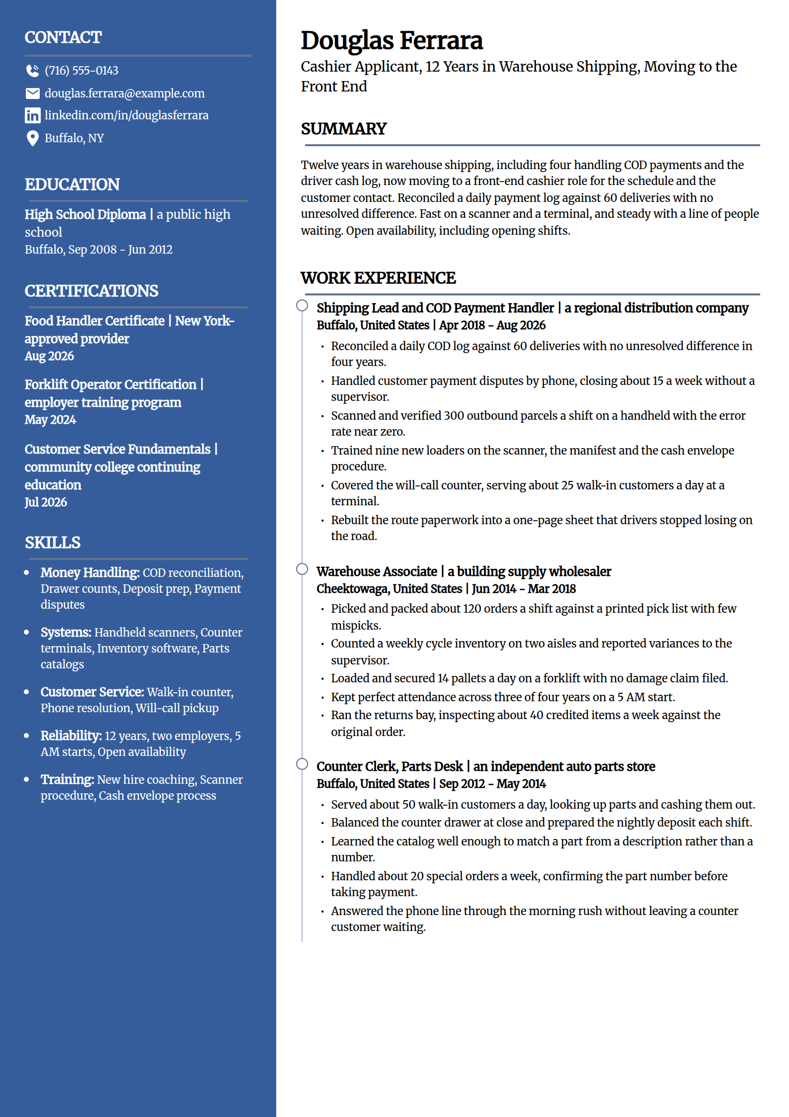Career changer cashier resume example moving from warehouse work, in the Creative template