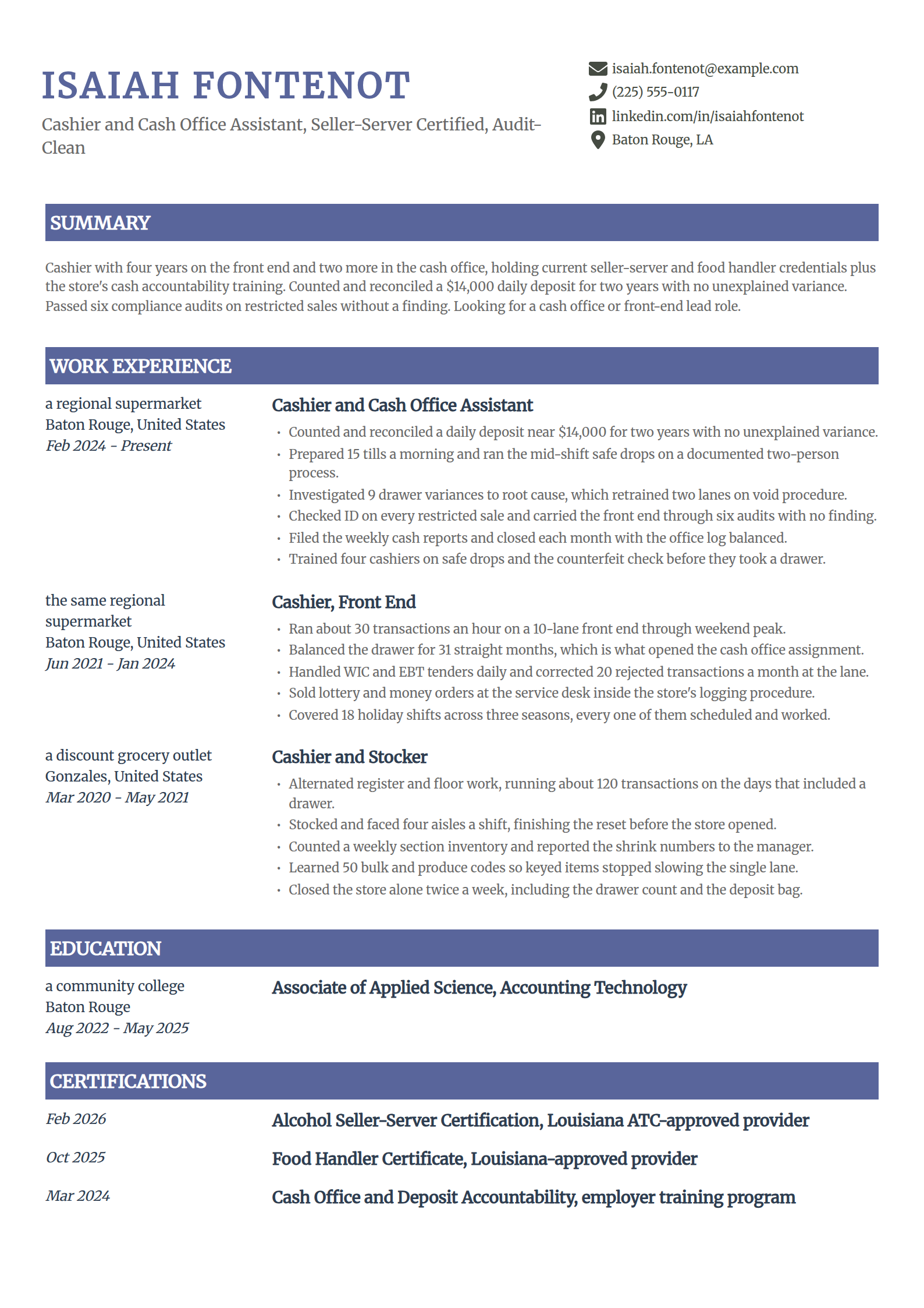 Cashier resume example with cash-handling and compliance training, in the Catalyst template
