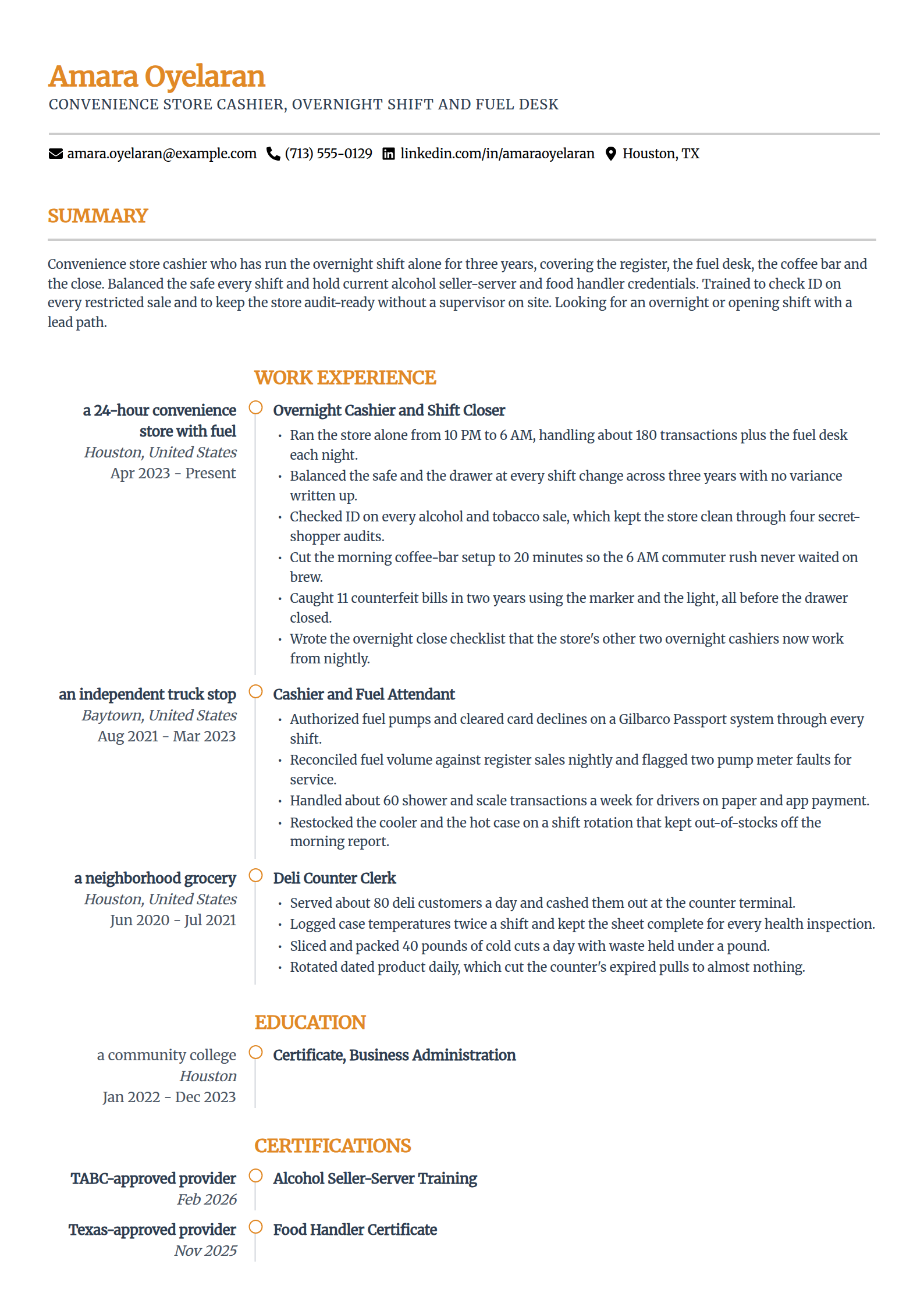 Gas station and convenience store cashier resume example in the Zenith template