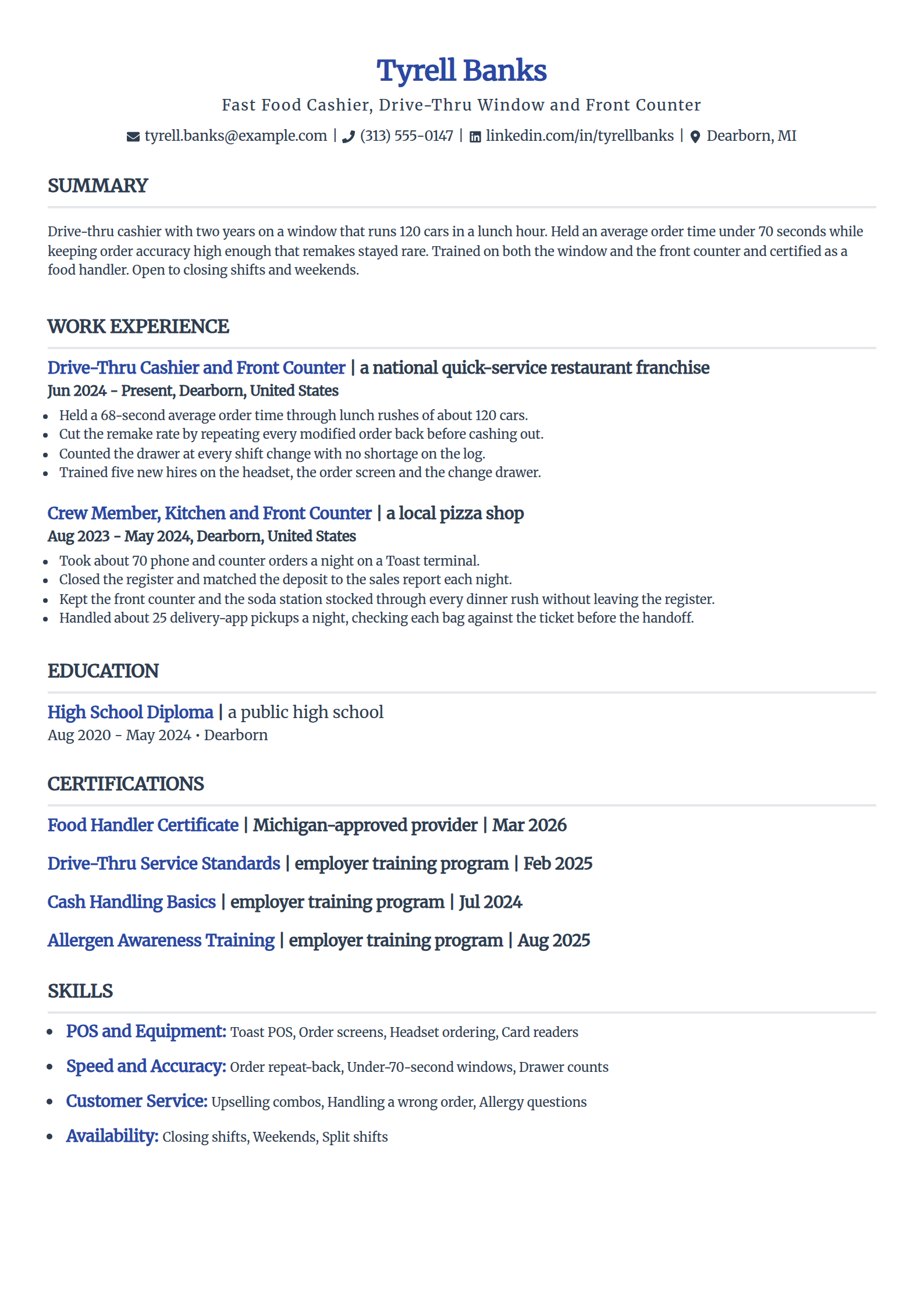 Fast food and drive-thru cashier resume example in the Simple template