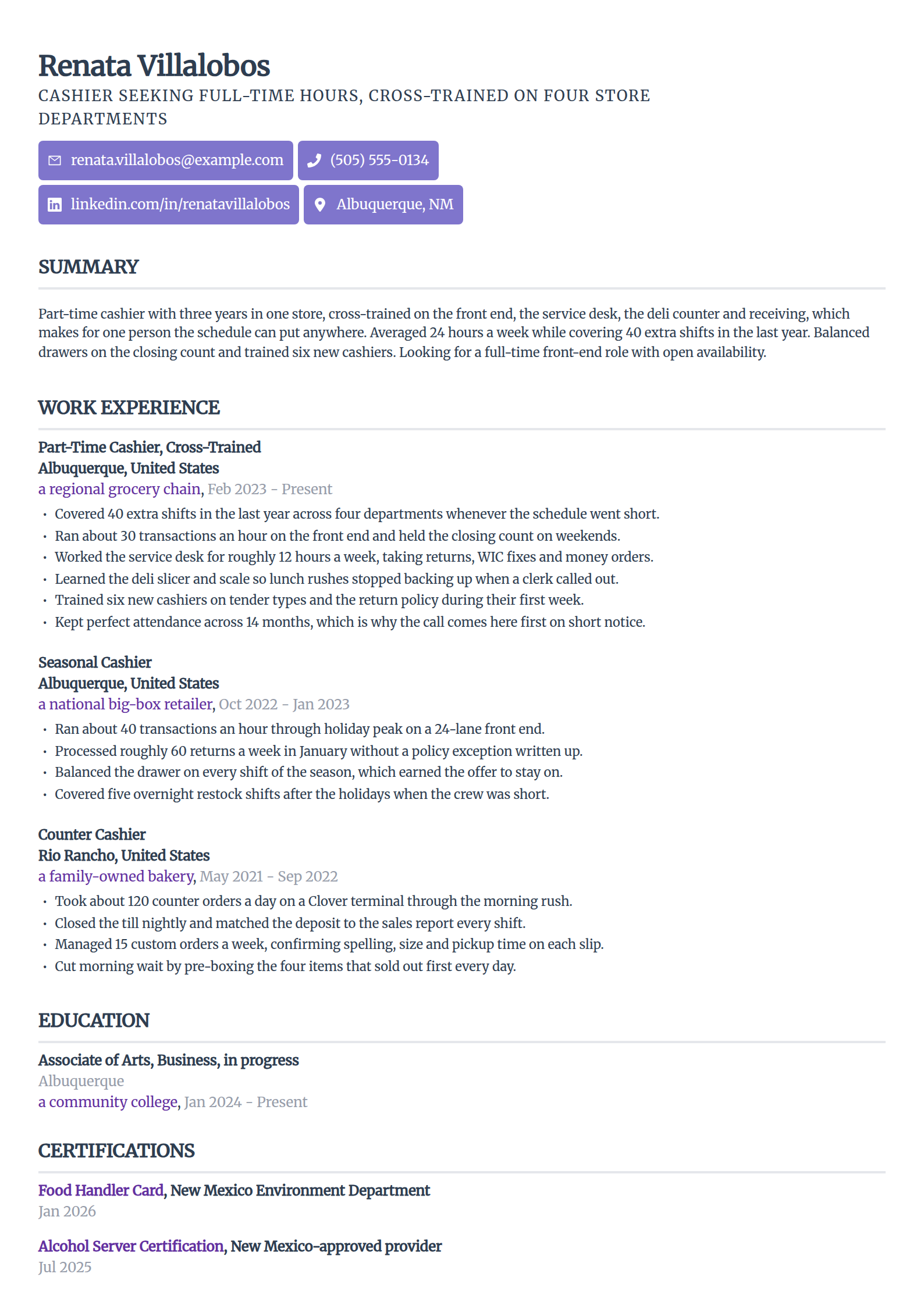 Part-time cashier resume example targeting full-time hours, in the Sleek Framework template