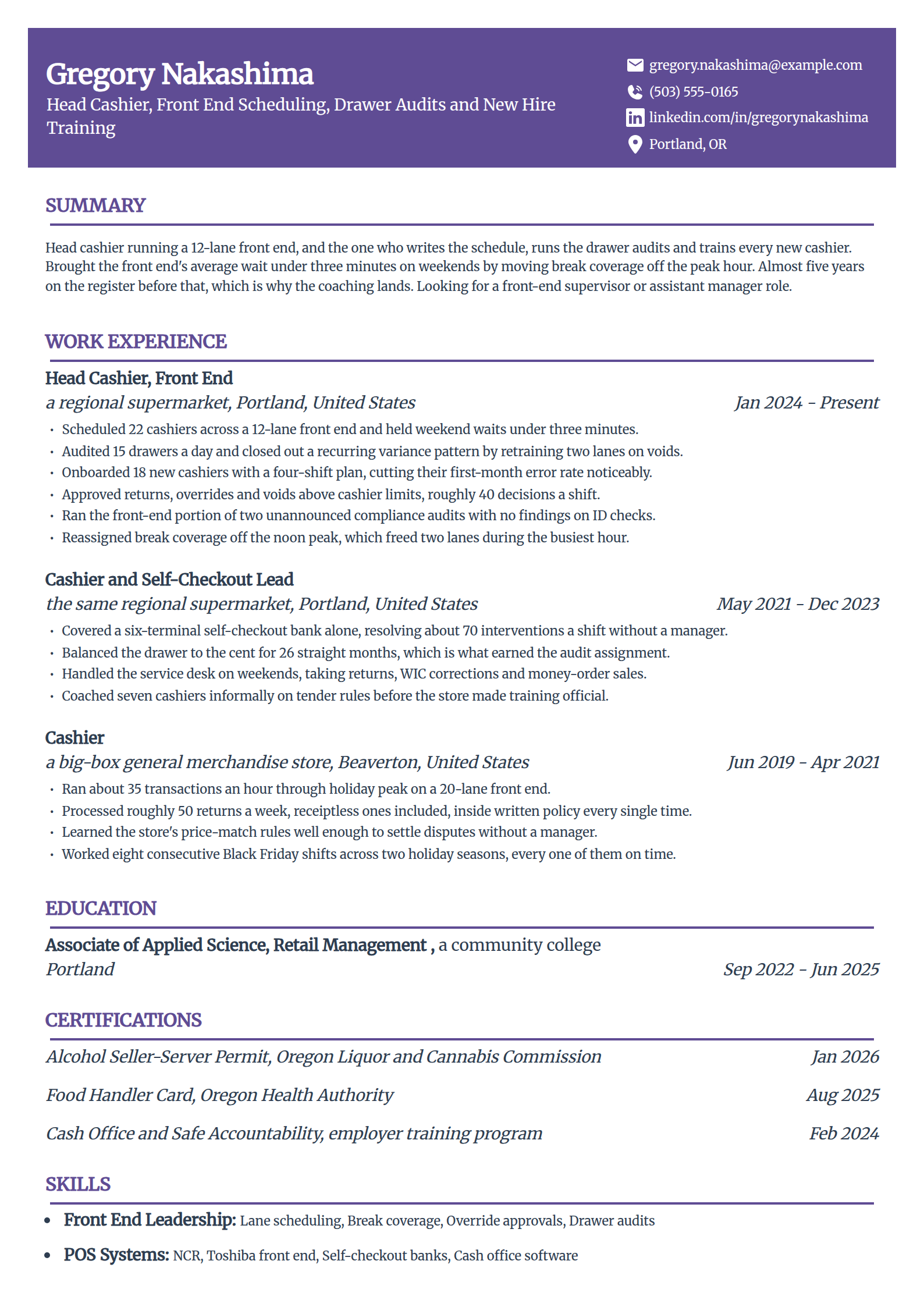 Head cashier and front-end shift lead resume example in the Panorama template