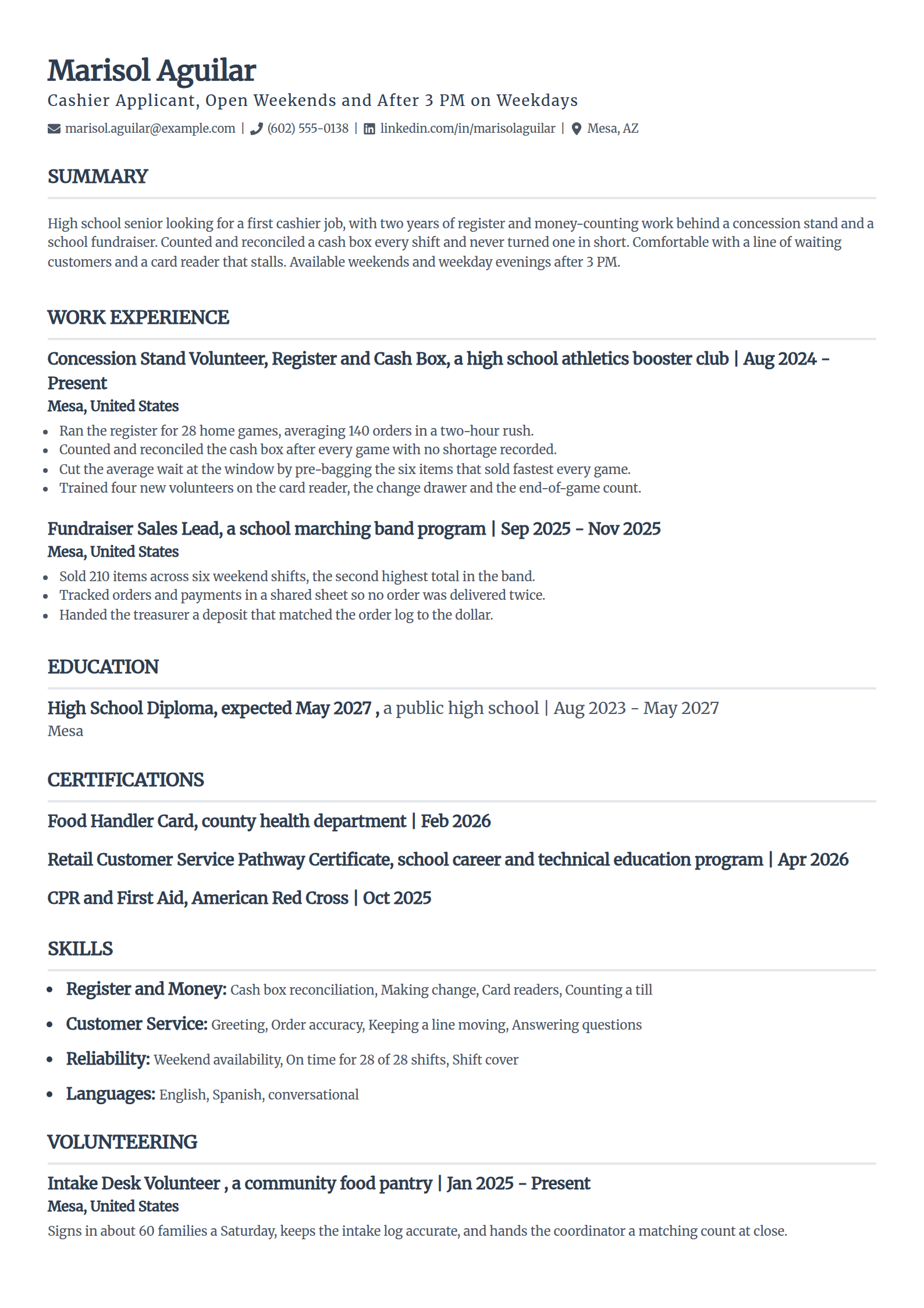 Entry-level cashier resume example with no paid experience, in the Classic template