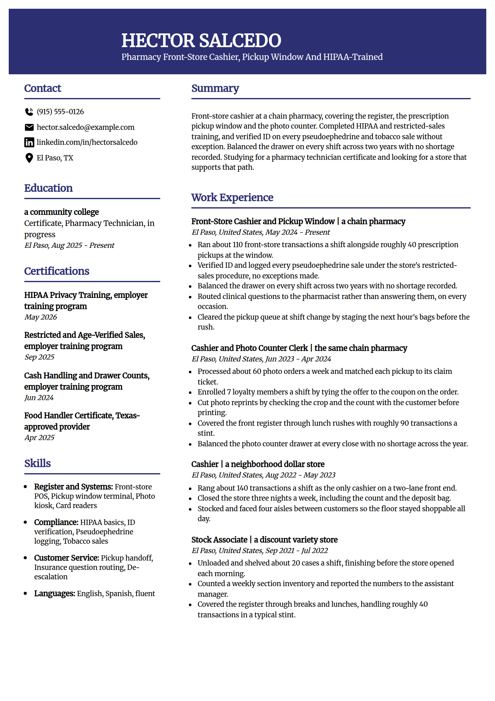 Pharmacy front-store cashier resume example in the Visionary template