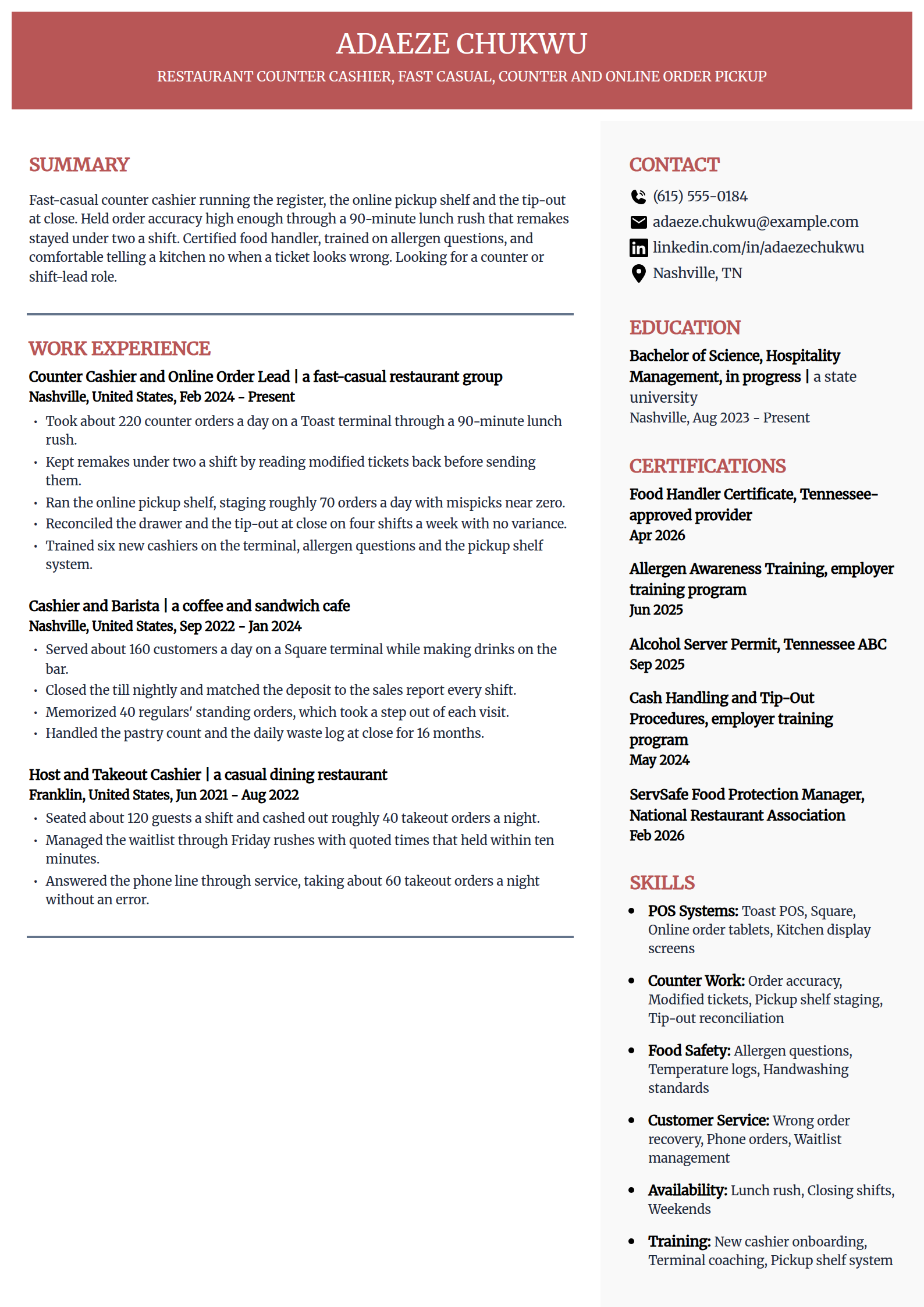 Fast-casual restaurant counter cashier resume example in the Executive template