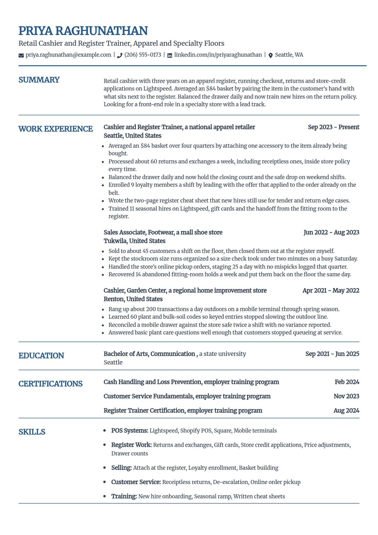 Retail cashier resume example for apparel and specialty stores, in the Craft template