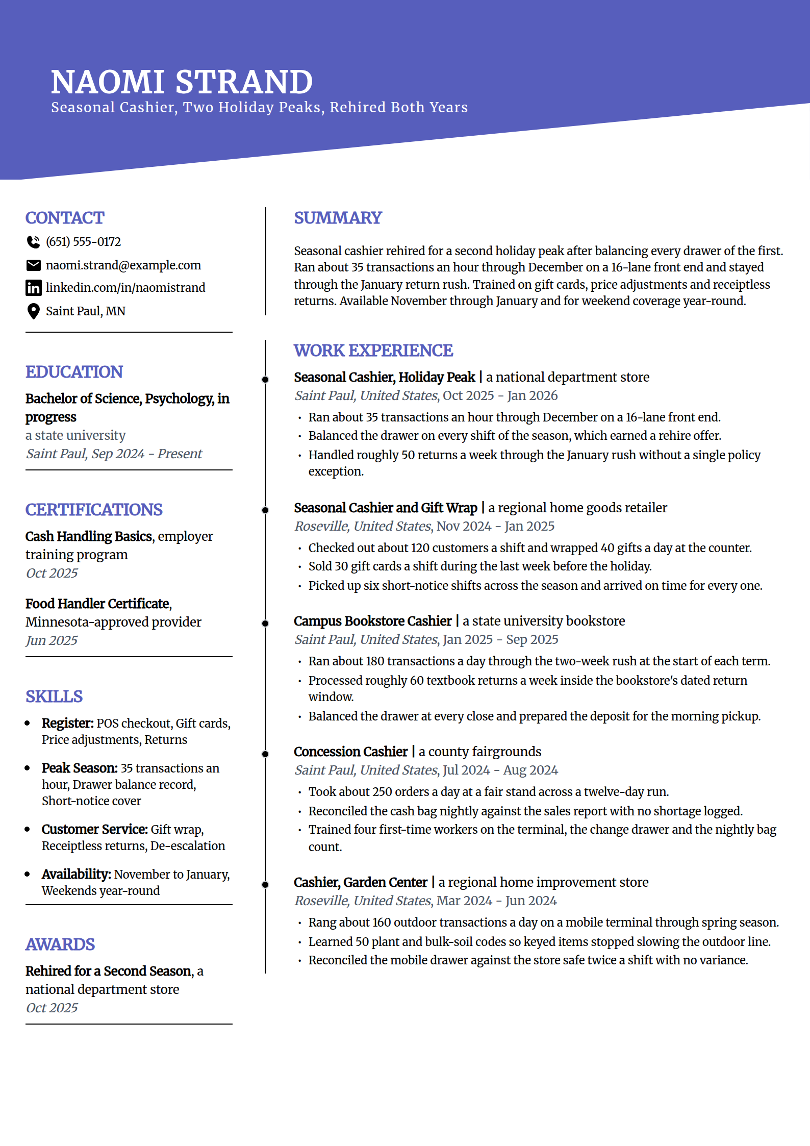 Seasonal holiday cashier resume example in the Orbit template