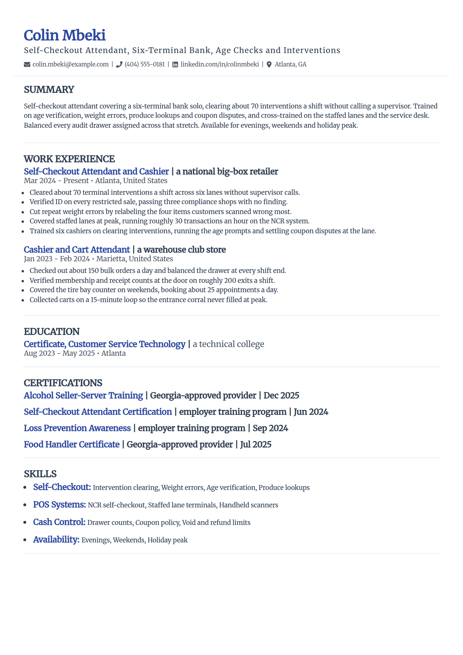 Self-checkout attendant resume example in the Elegant template