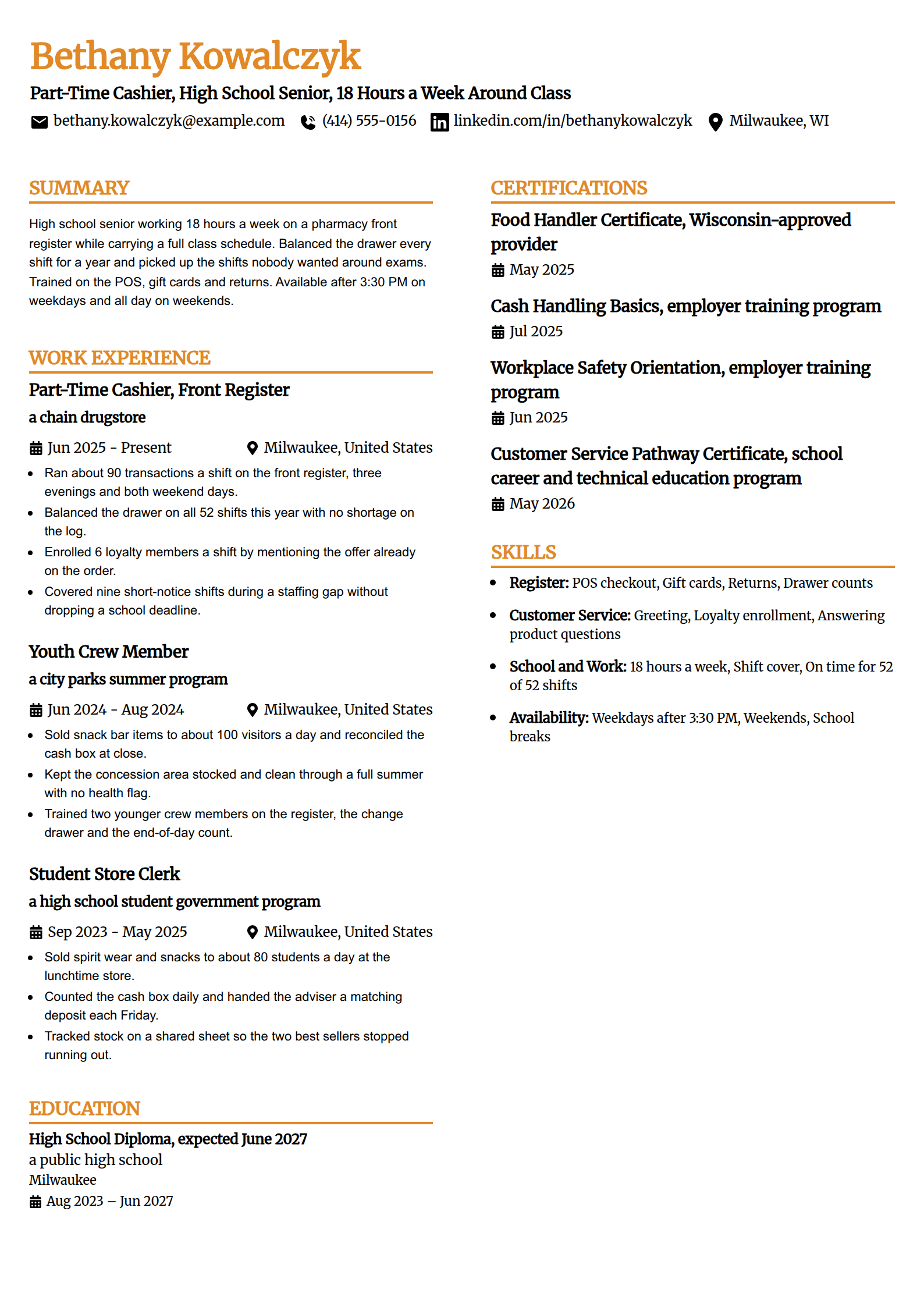 Part-time high school student cashier resume example in the Professional Edge template