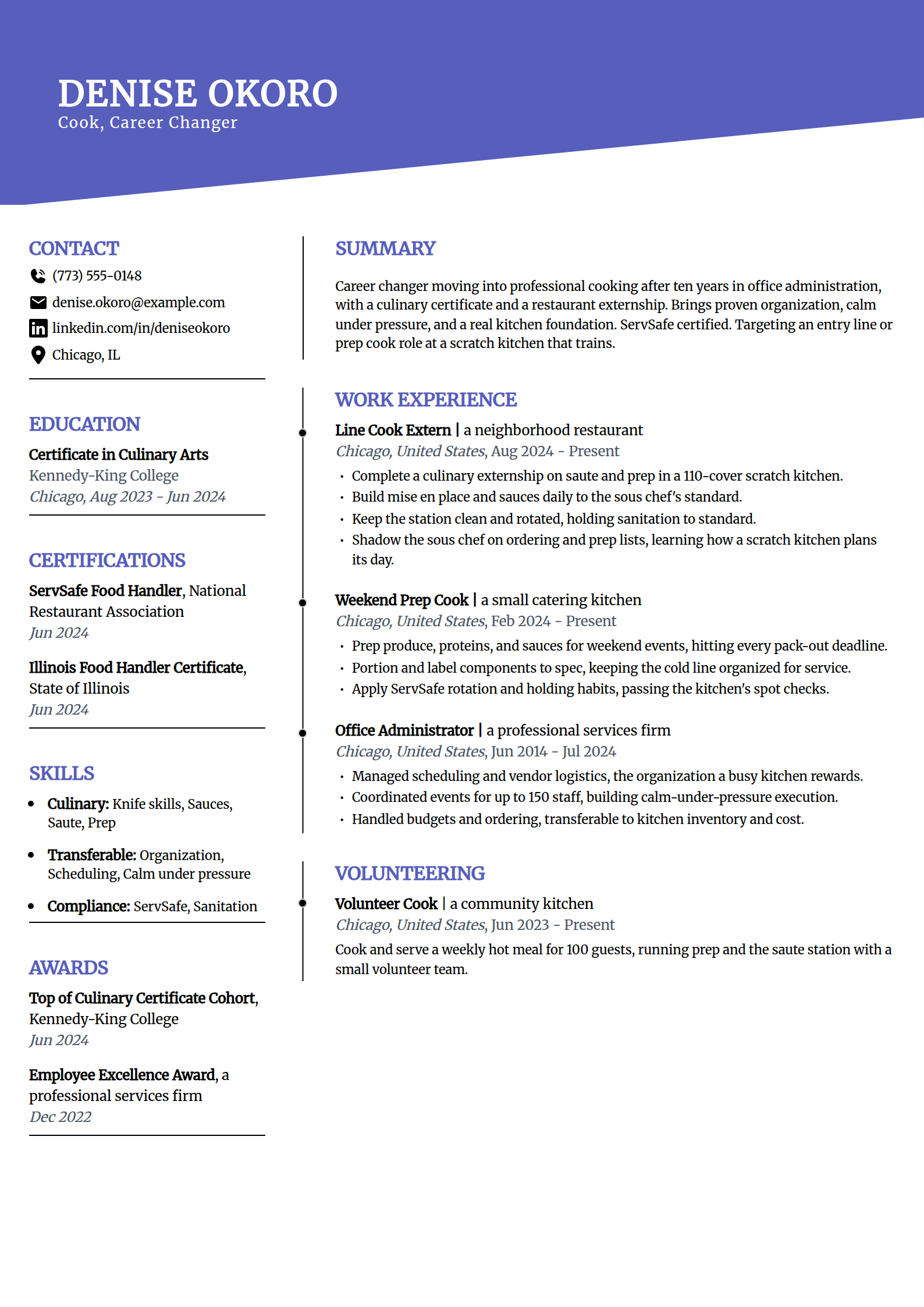 Career-change cook resume example in the Orbit template