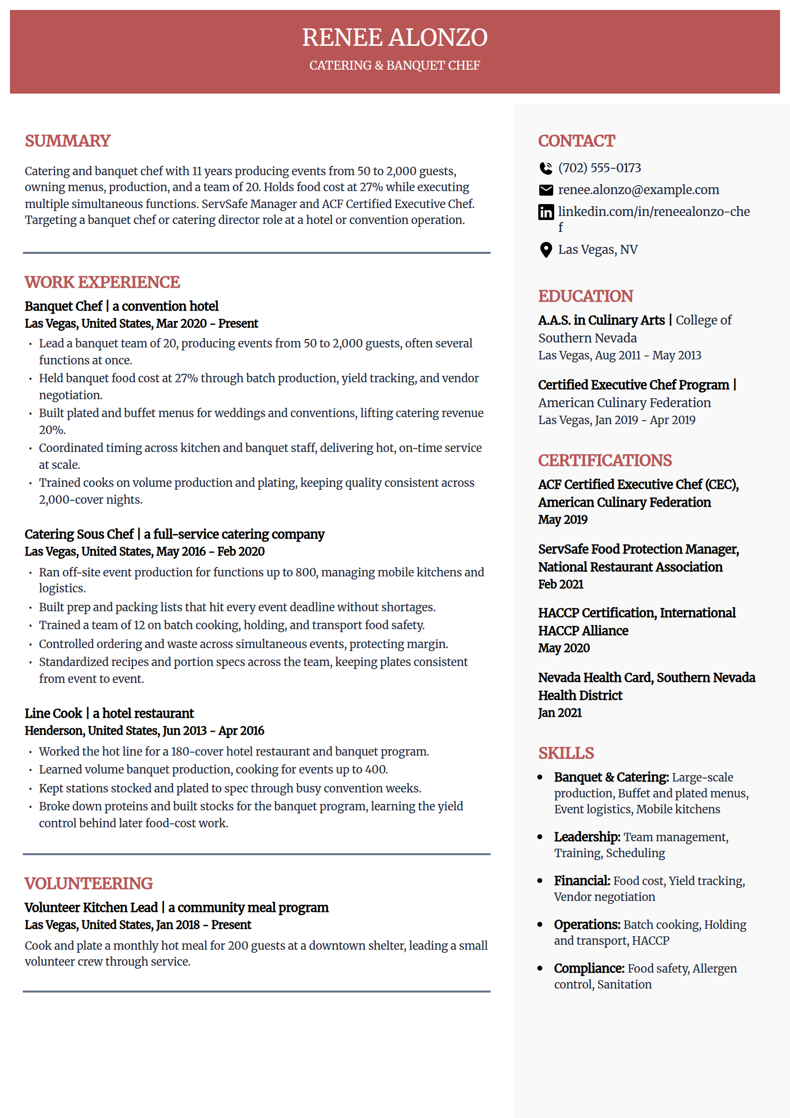 Catering and banquet chef resume example in the Executive template