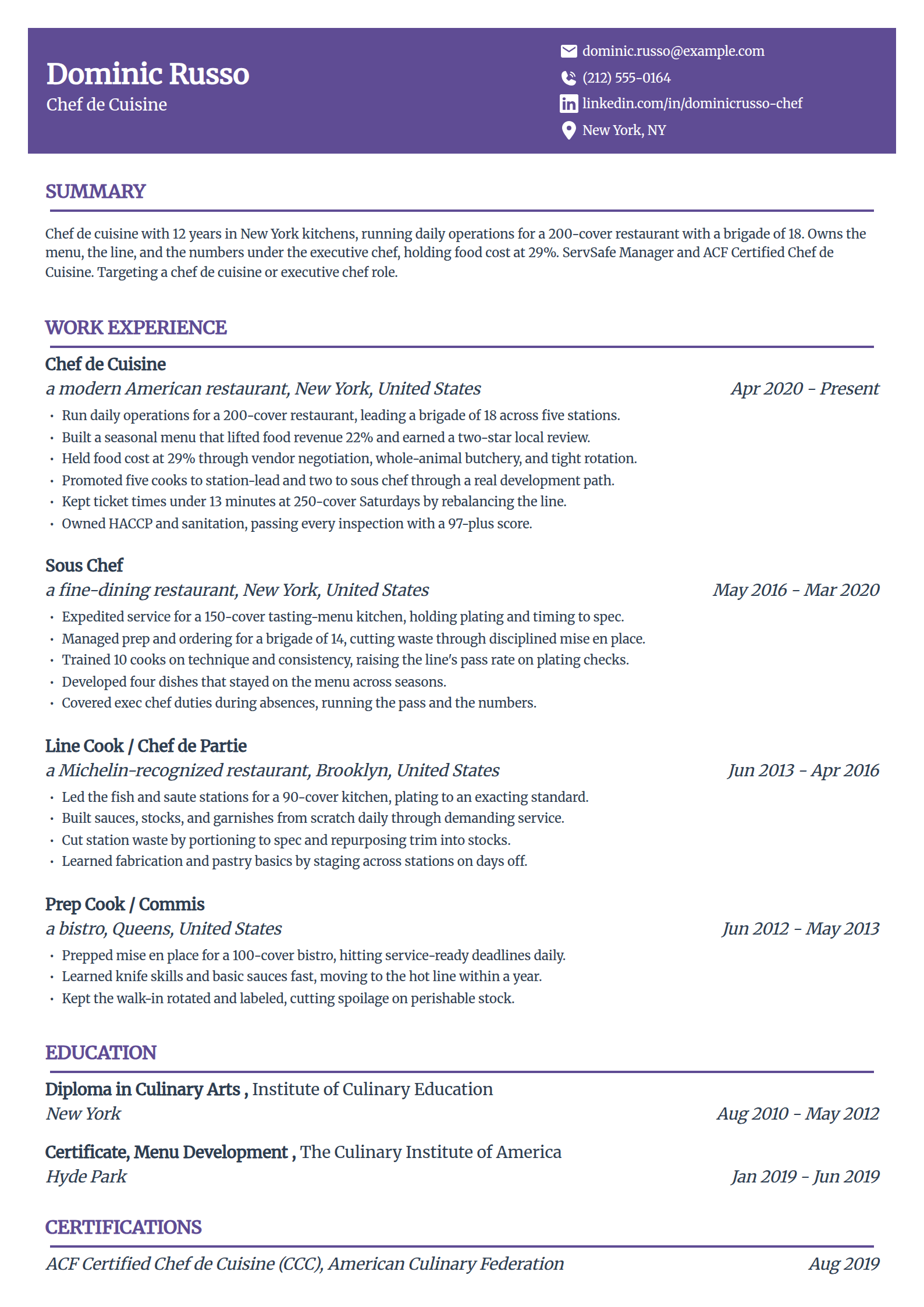 Chef de cuisine resume example in the Panorama template