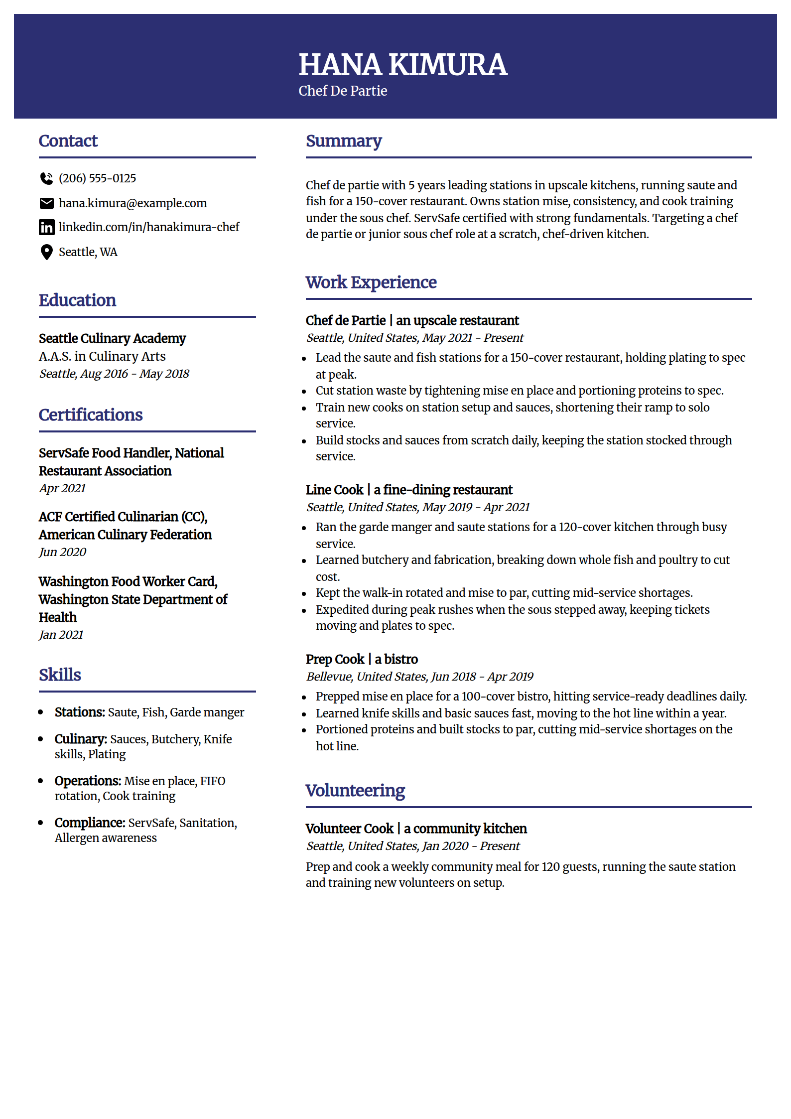 Chef de partie resume example in the Visionary template